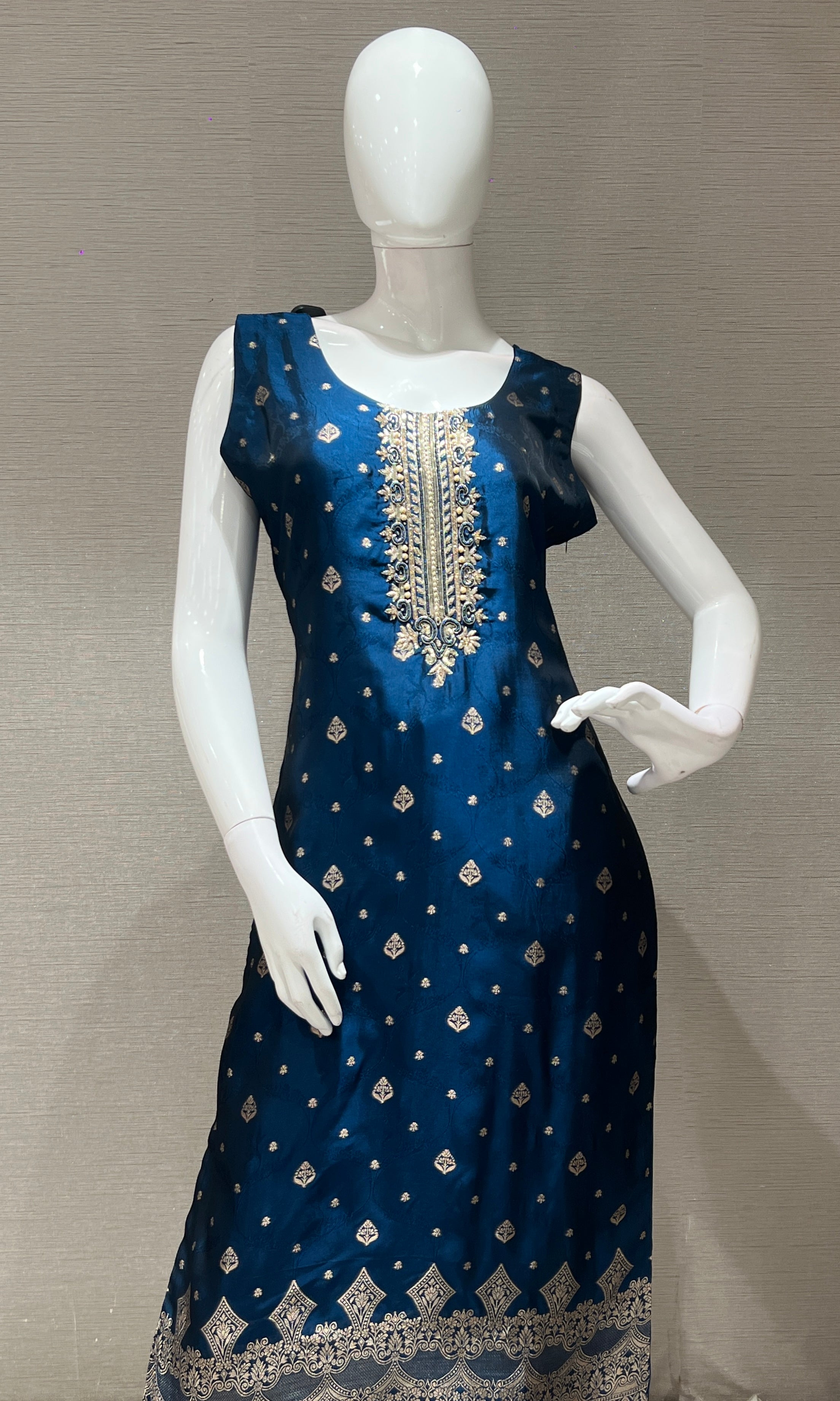 navy blue gold print embroidery kurta set