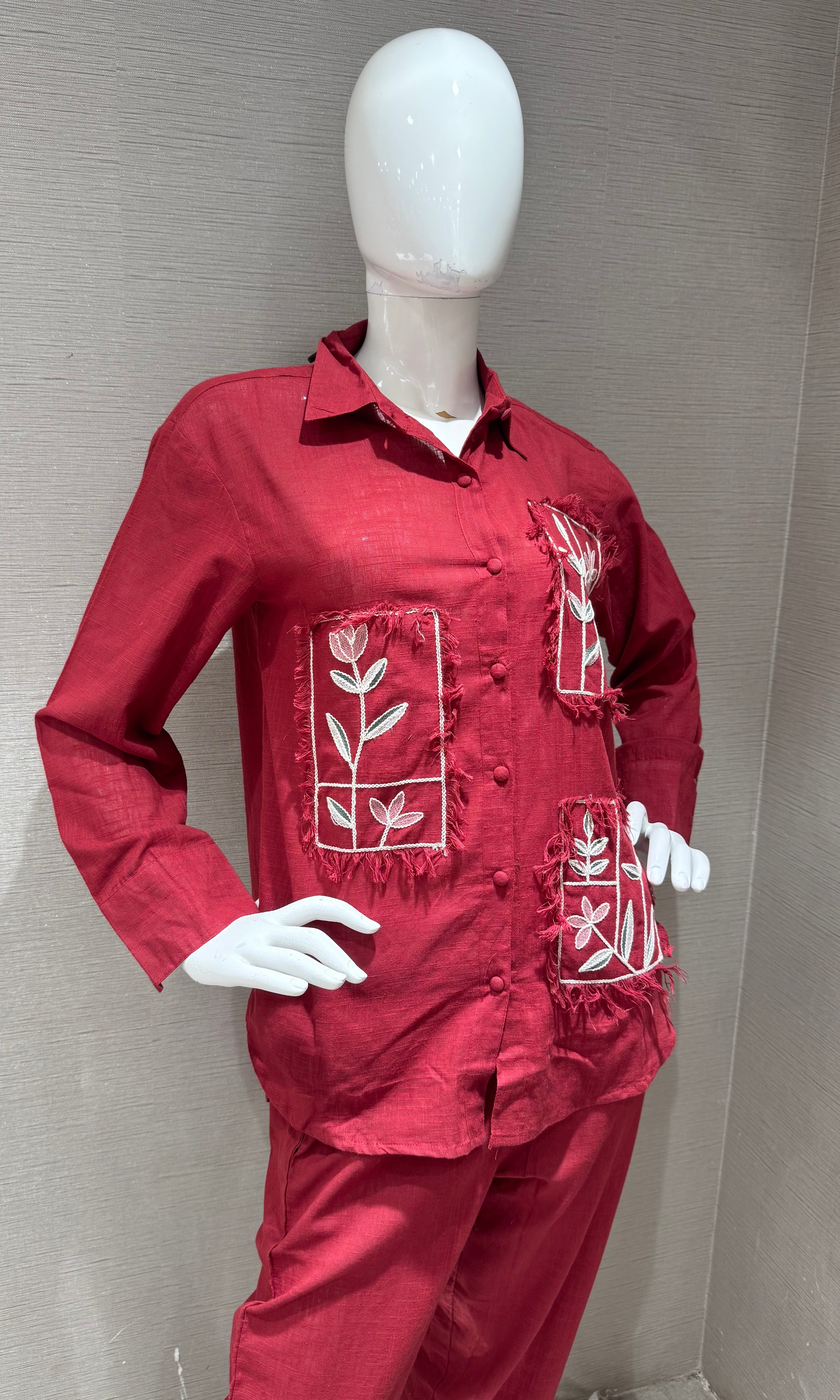 Red cotton embroidery work short cord set