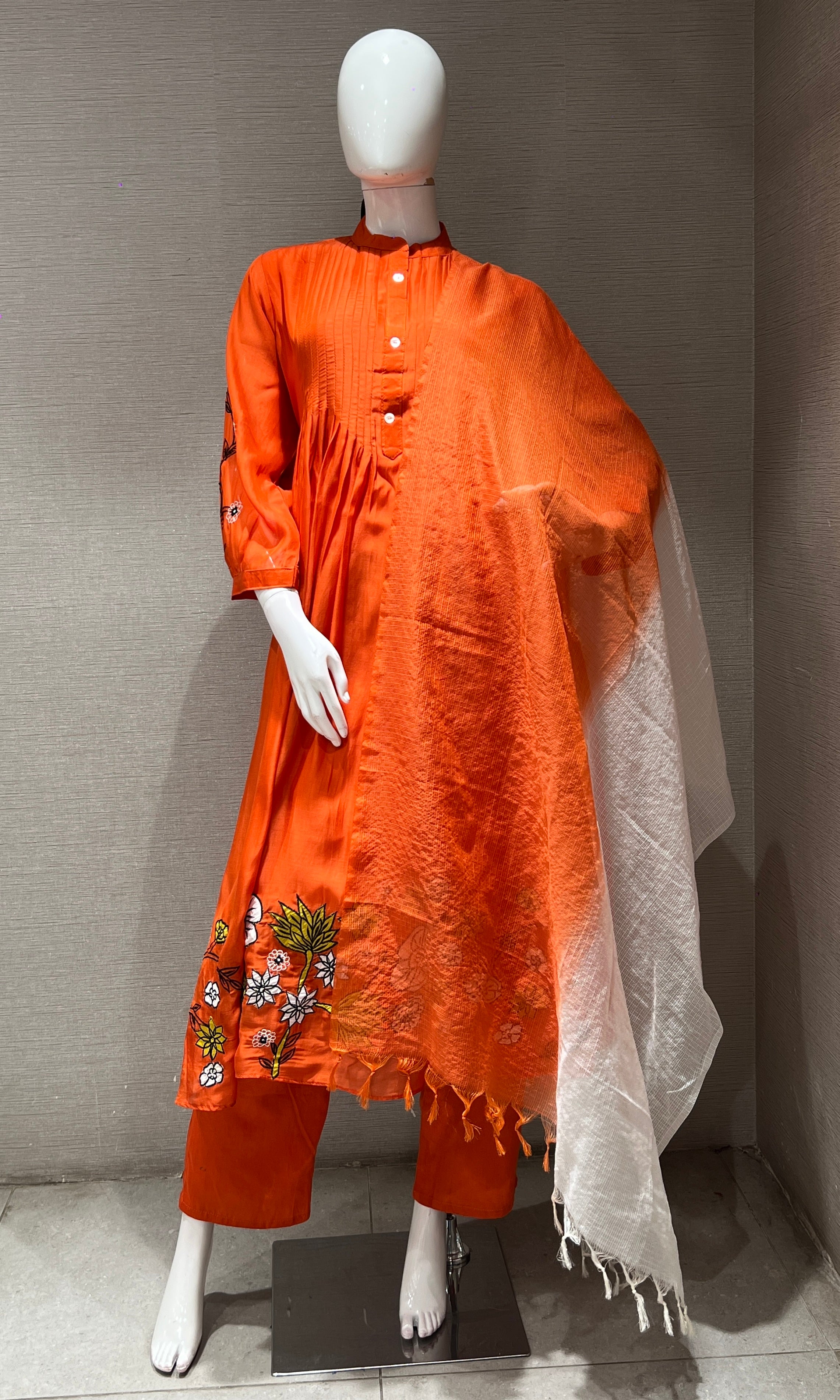 Orange floral embroidery mul chanderi kurta set