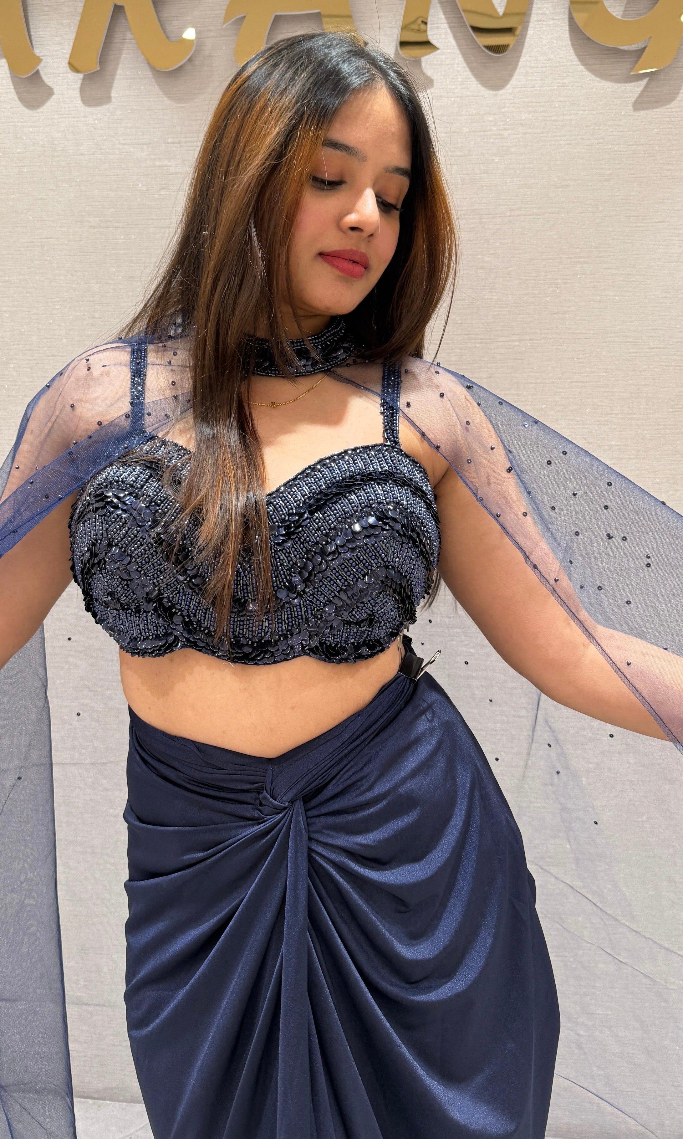 Navy blue 3 piece drape skirt dress
