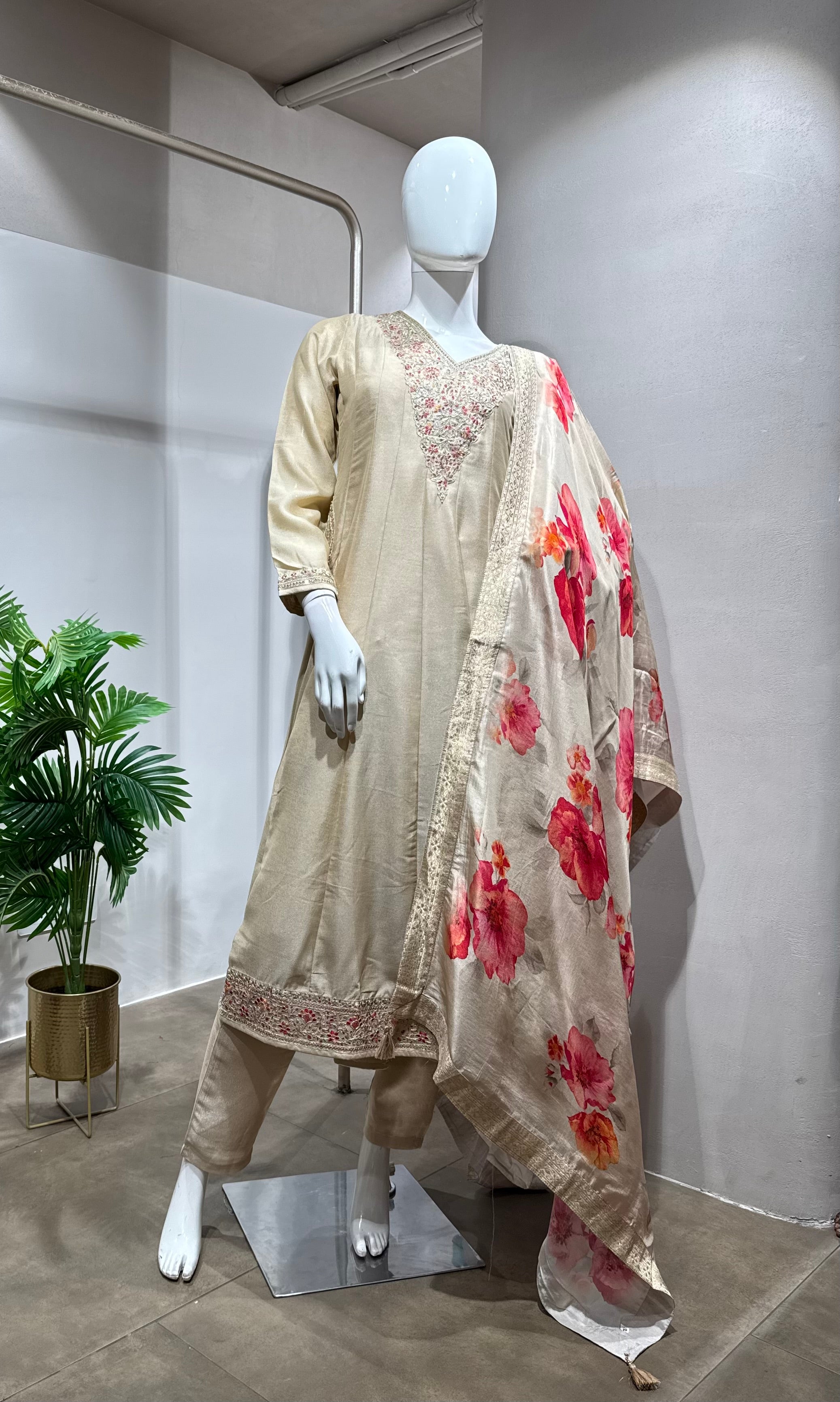 Cream Chanderi Silk Anarkali set