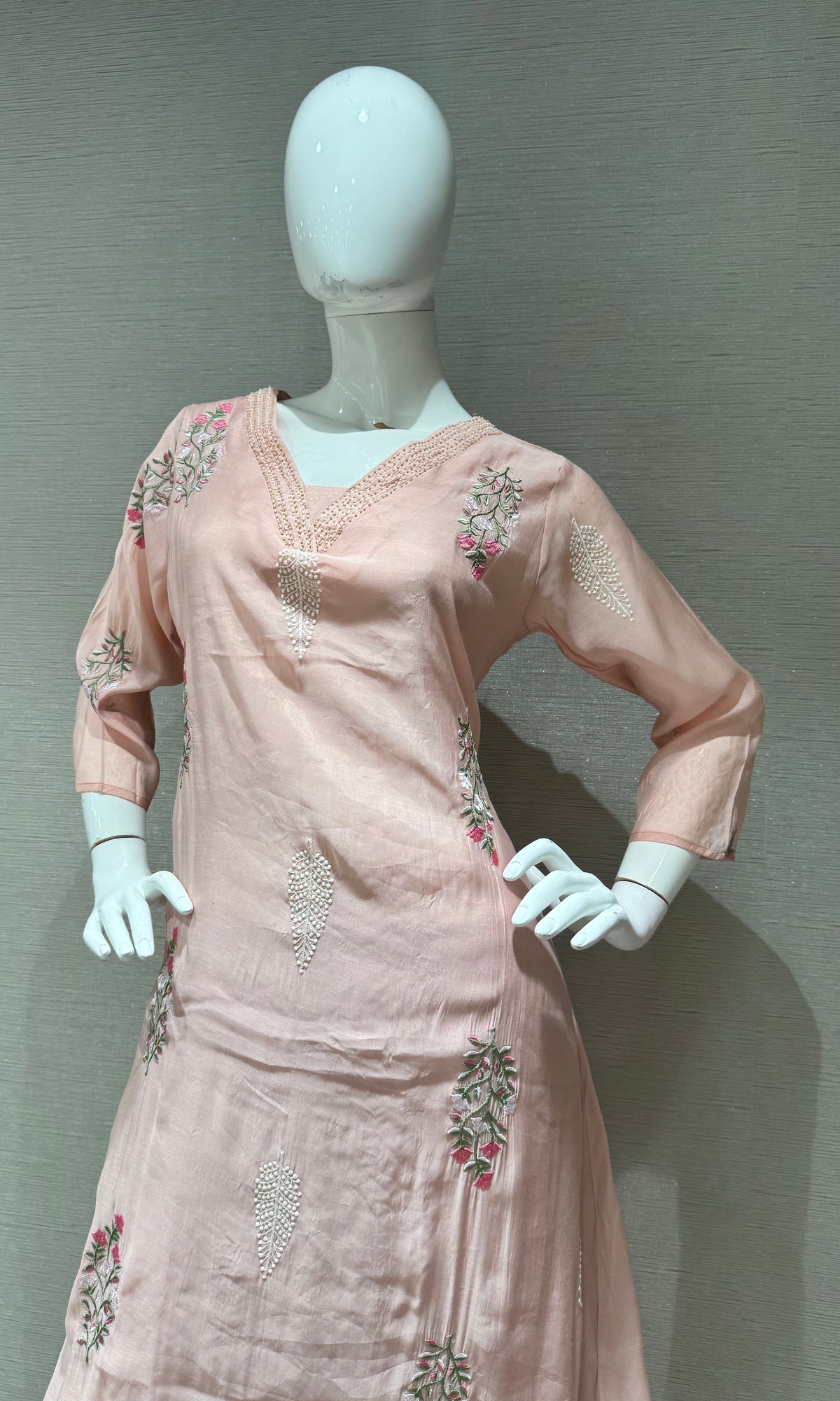 Peach Chanderi Silk Floral Embroidered Kurta Set with Dupatta