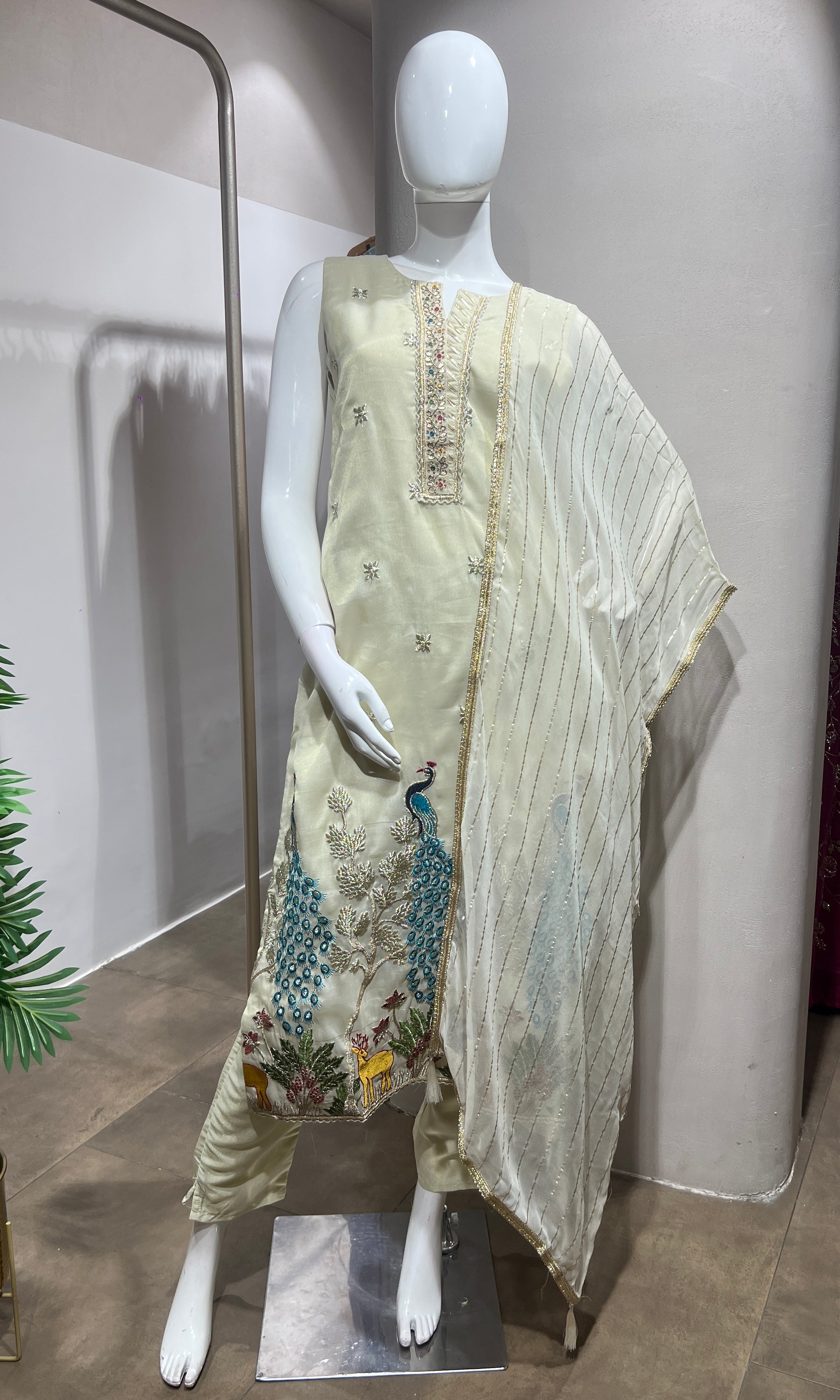 Cream Peacock Embroidered SHARARA Set