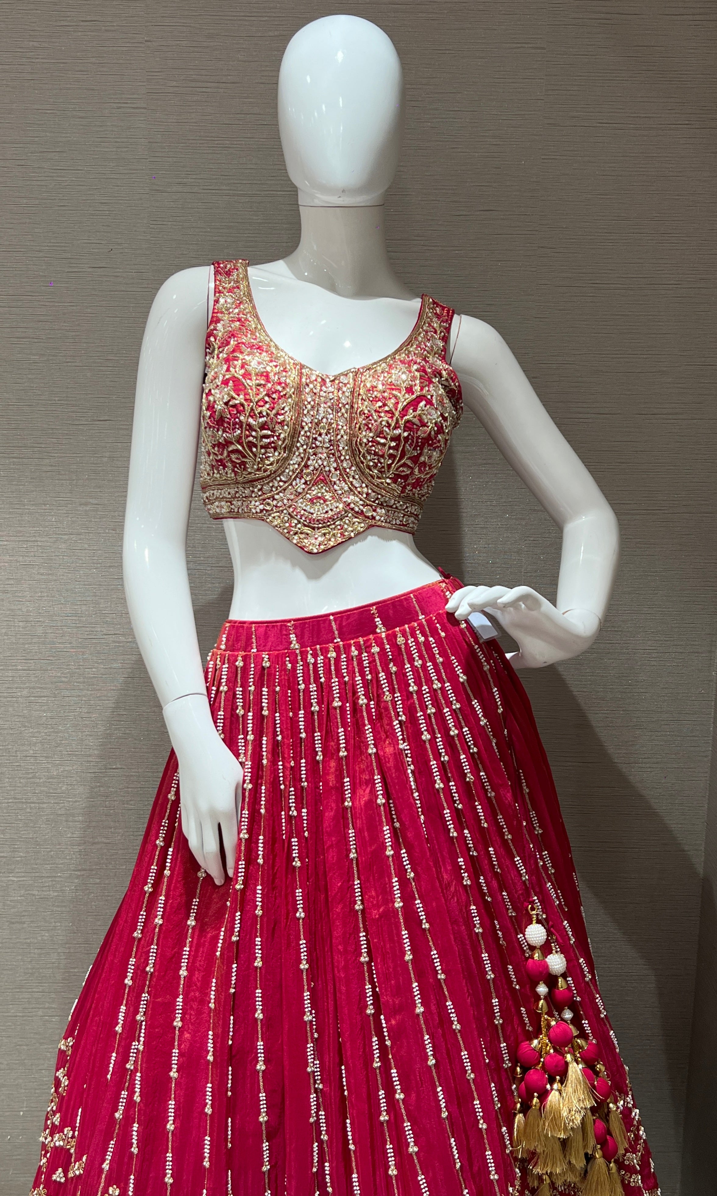 Bright red maroon tissue Lehenga