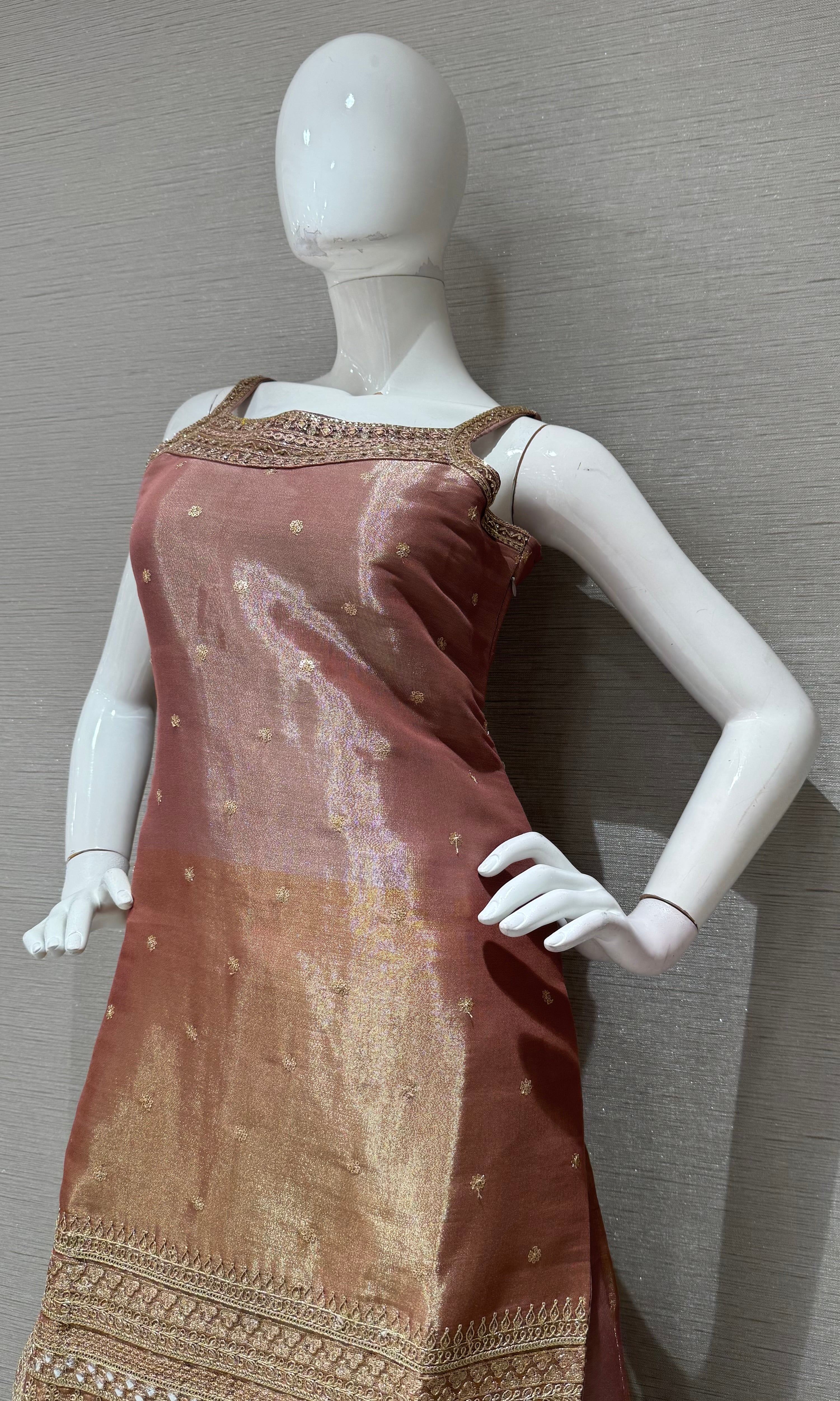 Onion Pink and Gold Zari Sharara set with Sheer Dupatta