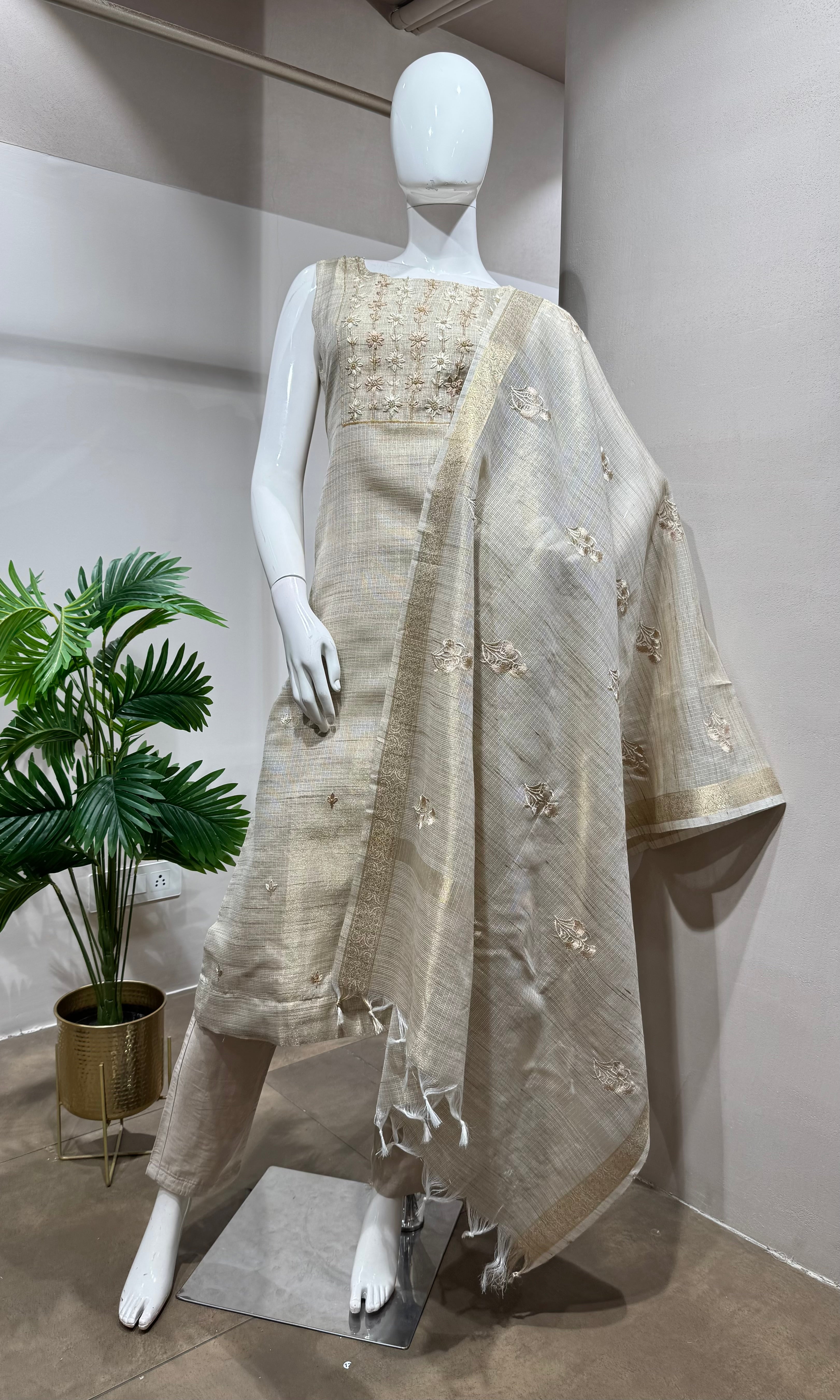Fawn and Gold Embroidered Kurta Set