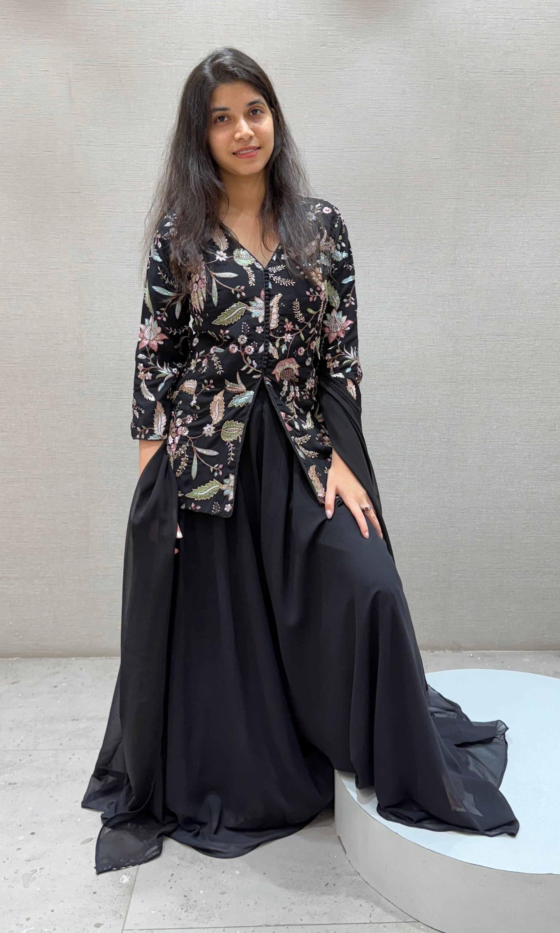 Black FRONT SLIT PEPLUM SHARARA SET