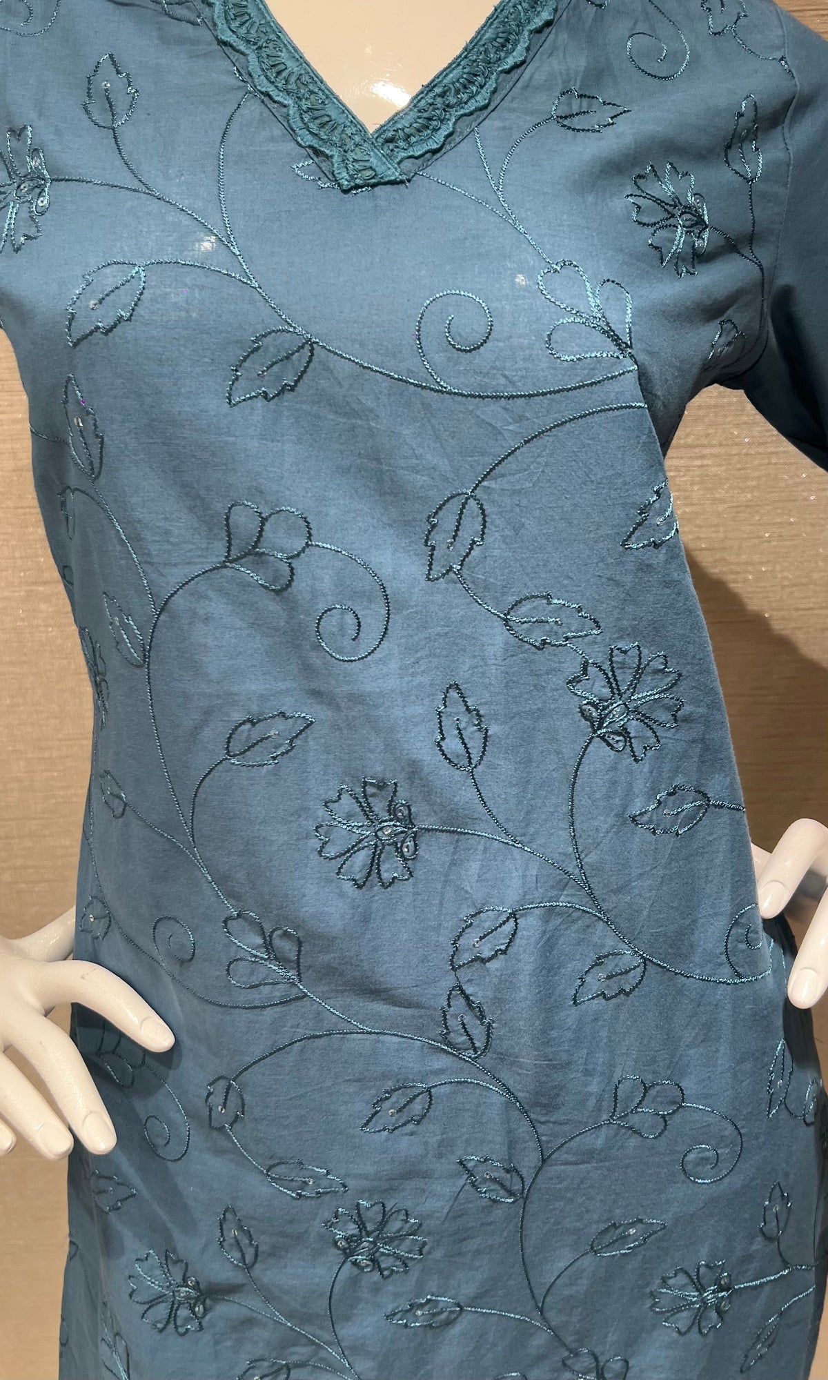 Blue Cotton Kurta Set with Pink Floral Embroidery