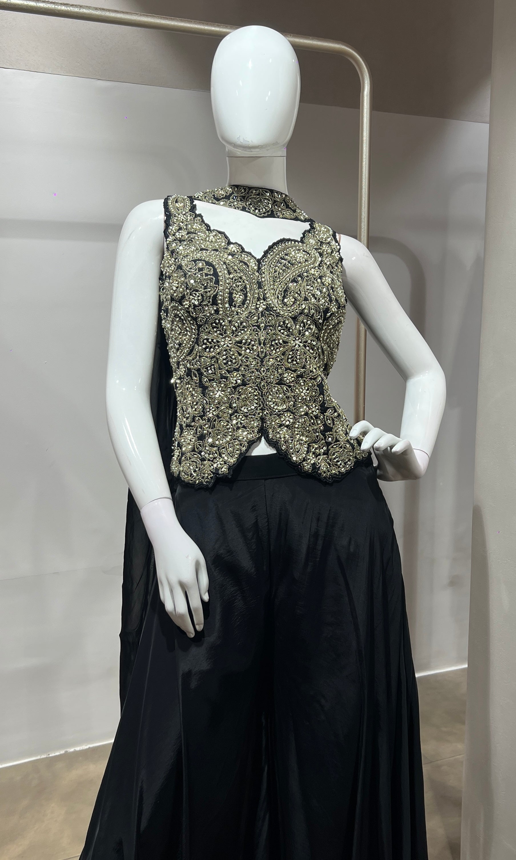 Black embroidered corset style palazzo set