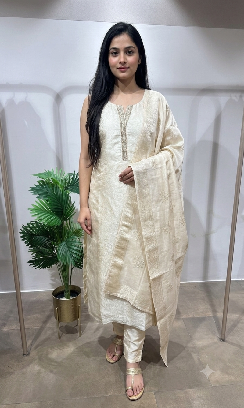 CREAM GOLDEN SHIMMER SILK KURTA SET