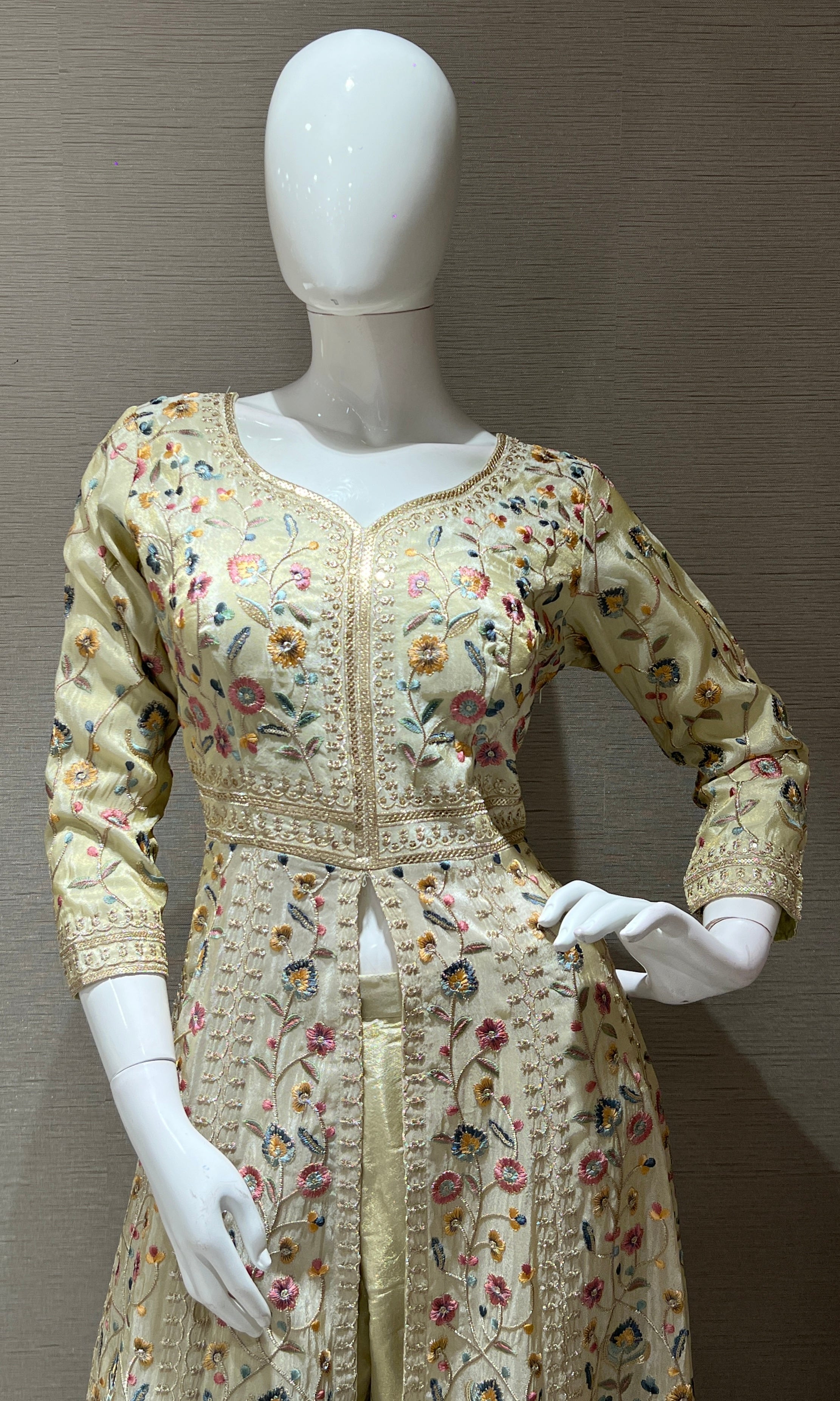 Cream Floral front slit Anarkali set