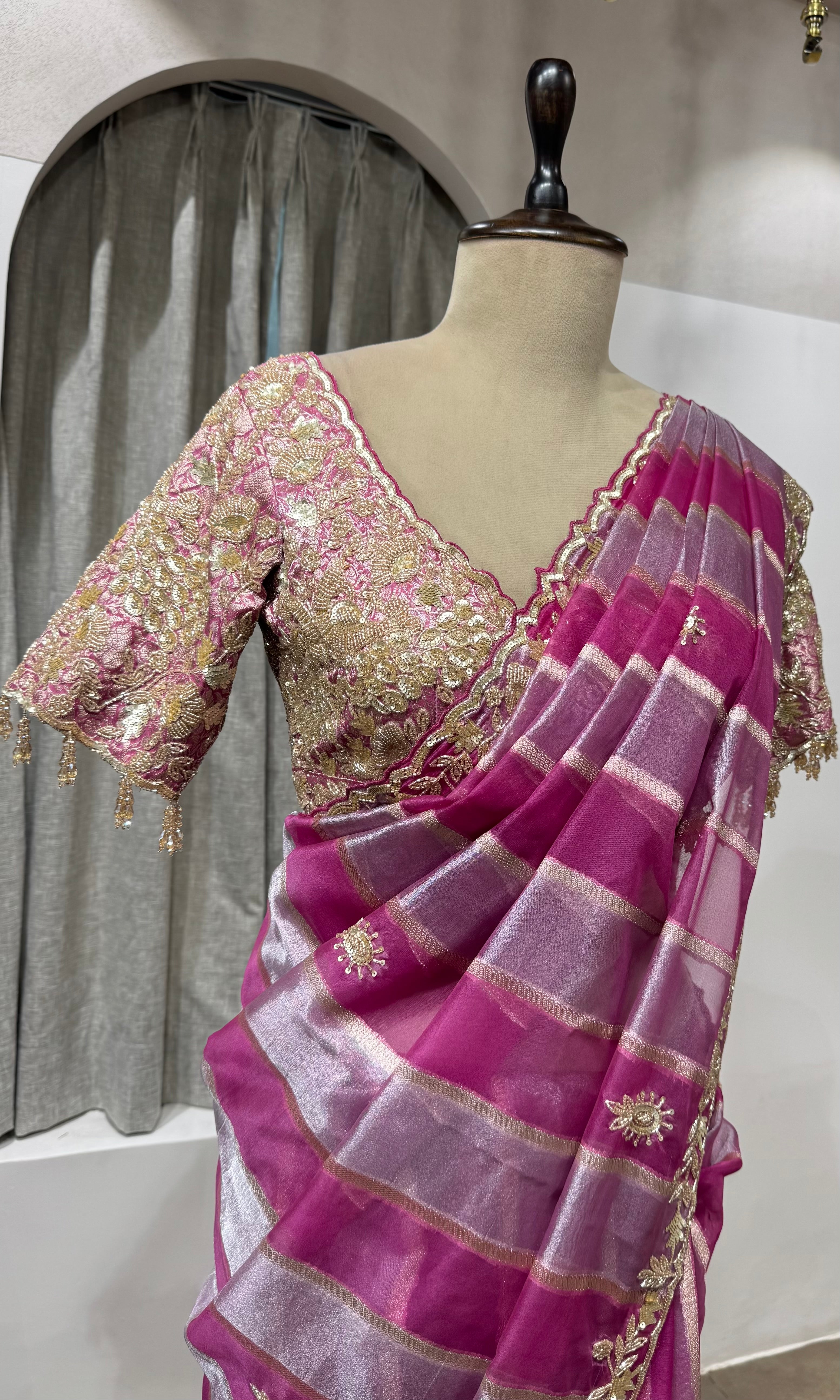 WINE Embellished Tussar Silk Leheriya Saree