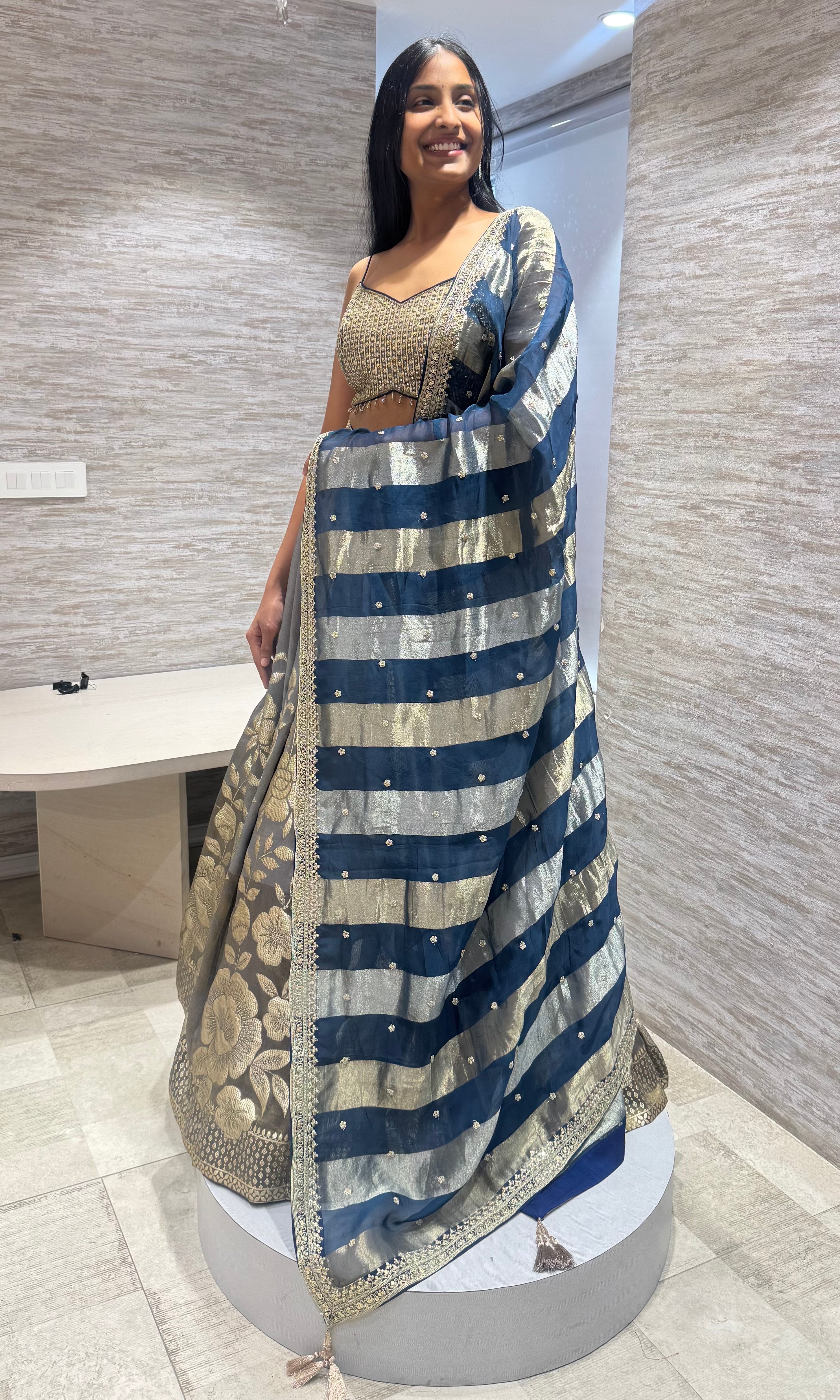 blue Gold floral Zari Lehenga set