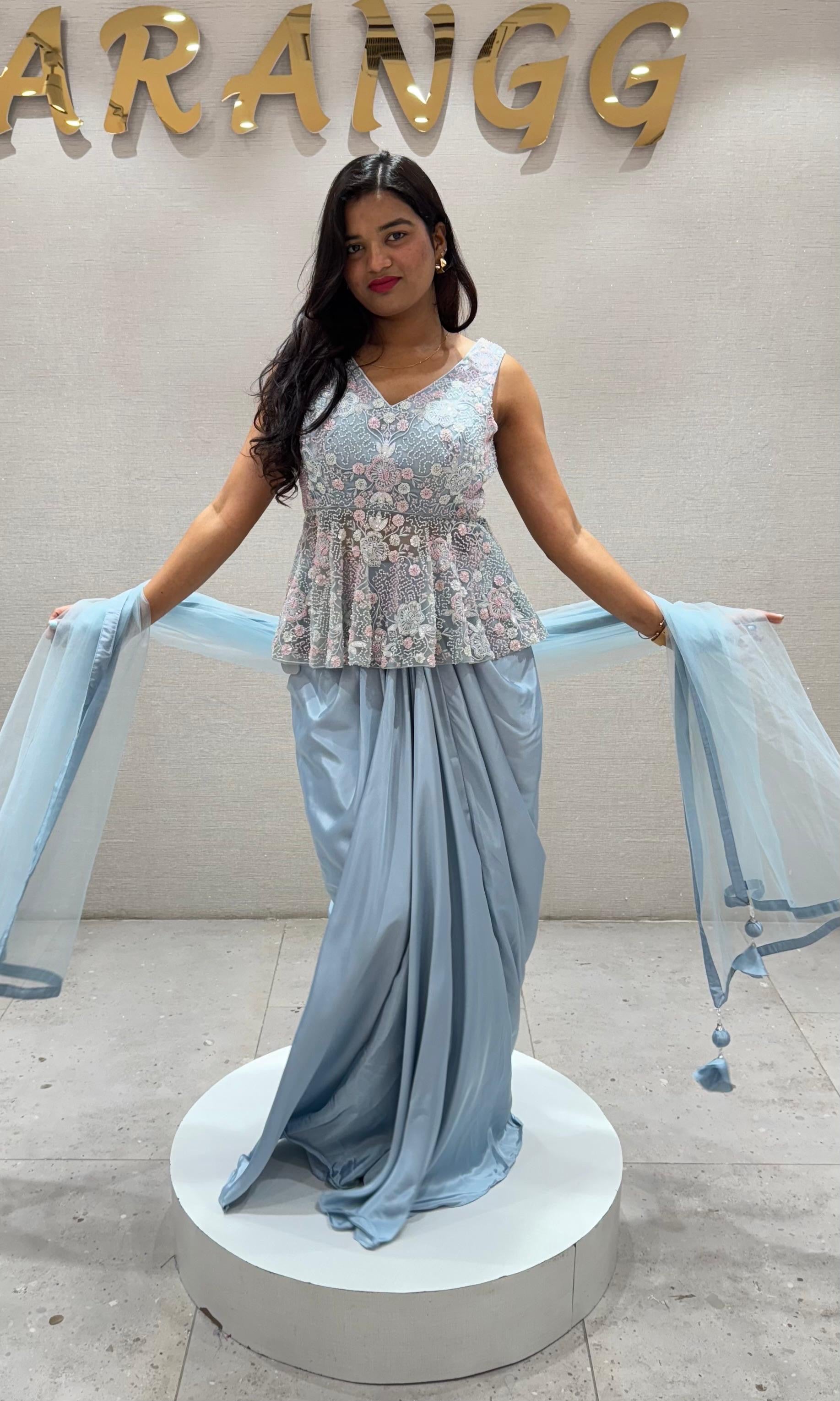 Sea blue EMBROIDERED PEPLUM BLOUSE WITH SKIRT