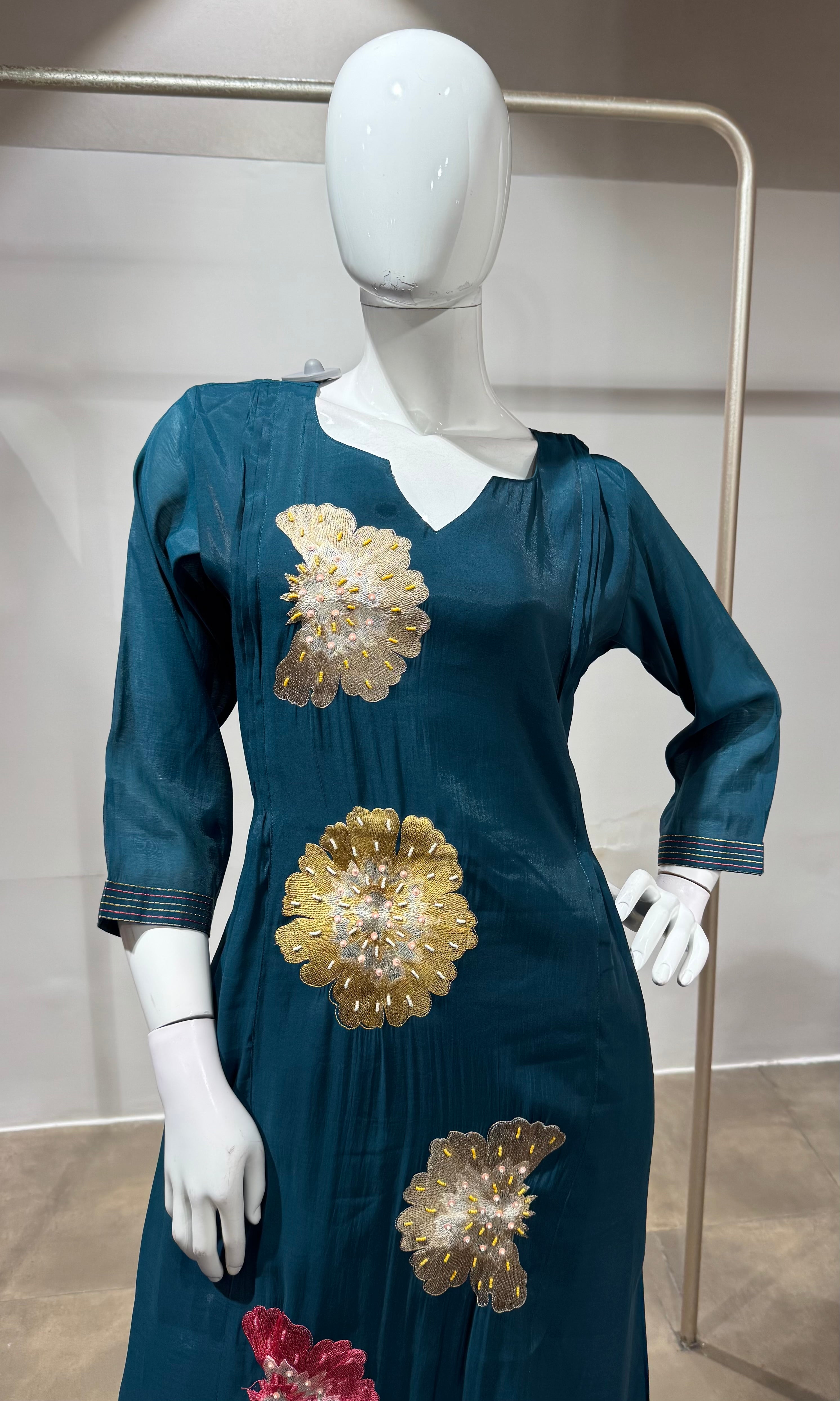 Teal Blue floral printed kurta set