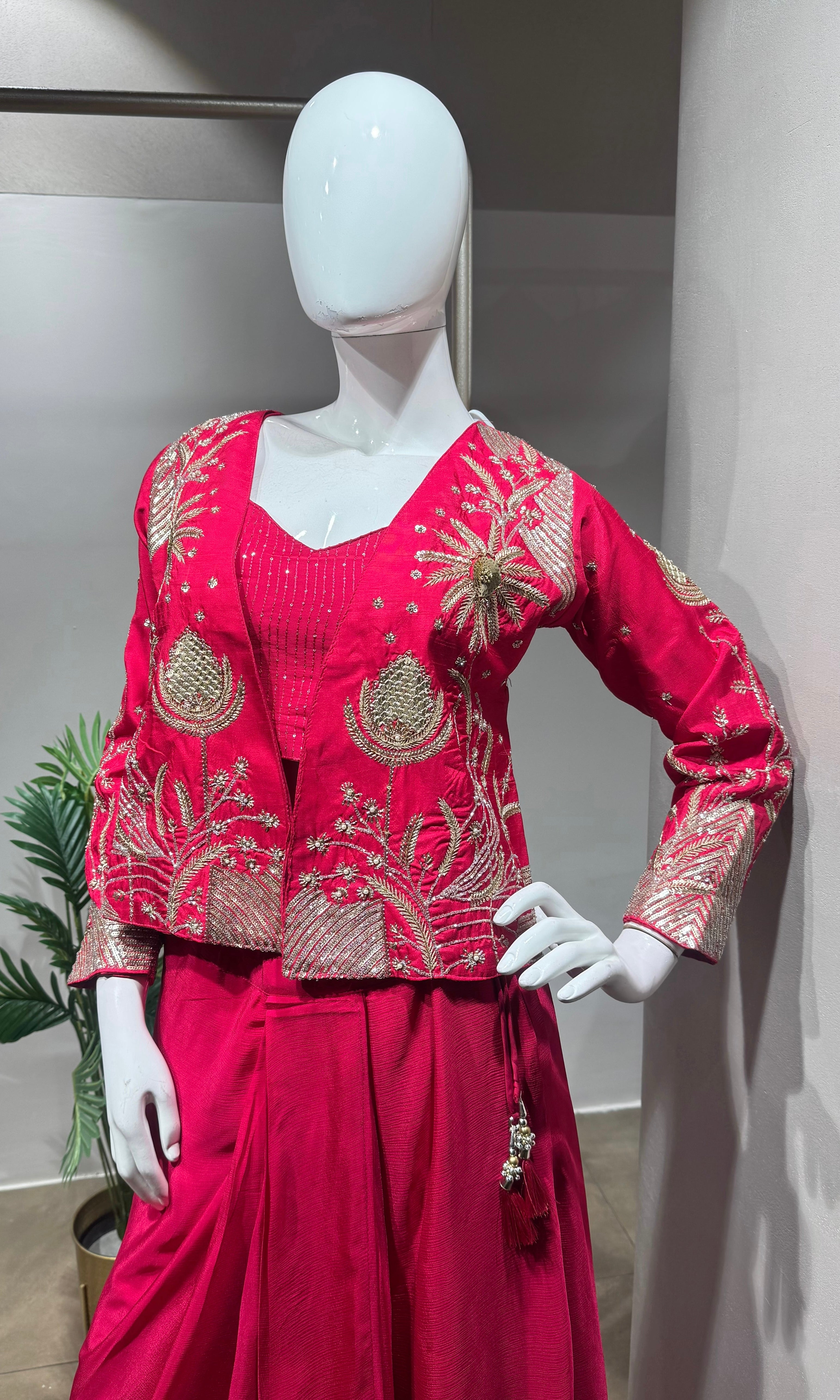 Rani Pink Indo-Western Set with Pearl Jacket