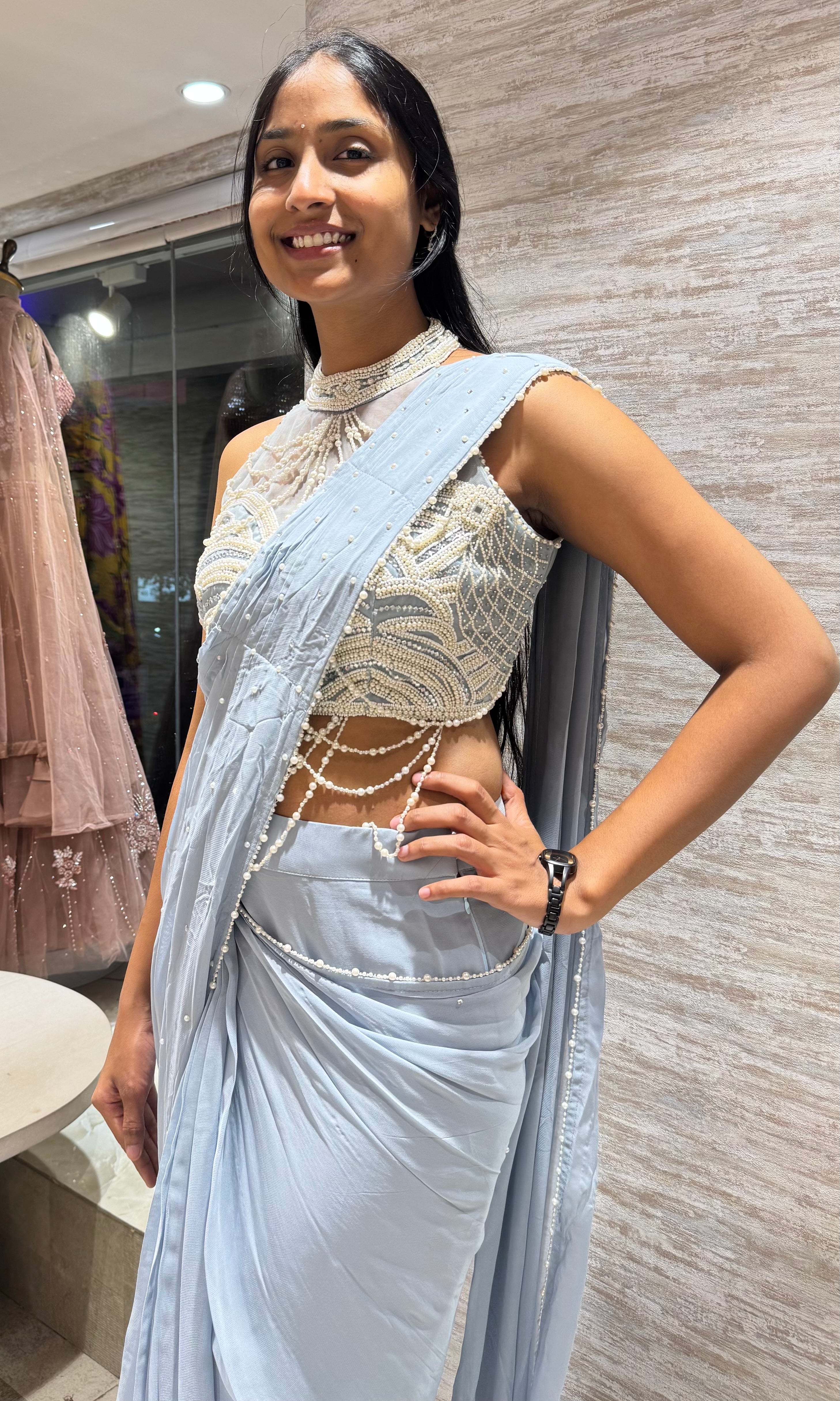 Blue Drape Saree with embellished haler neck
