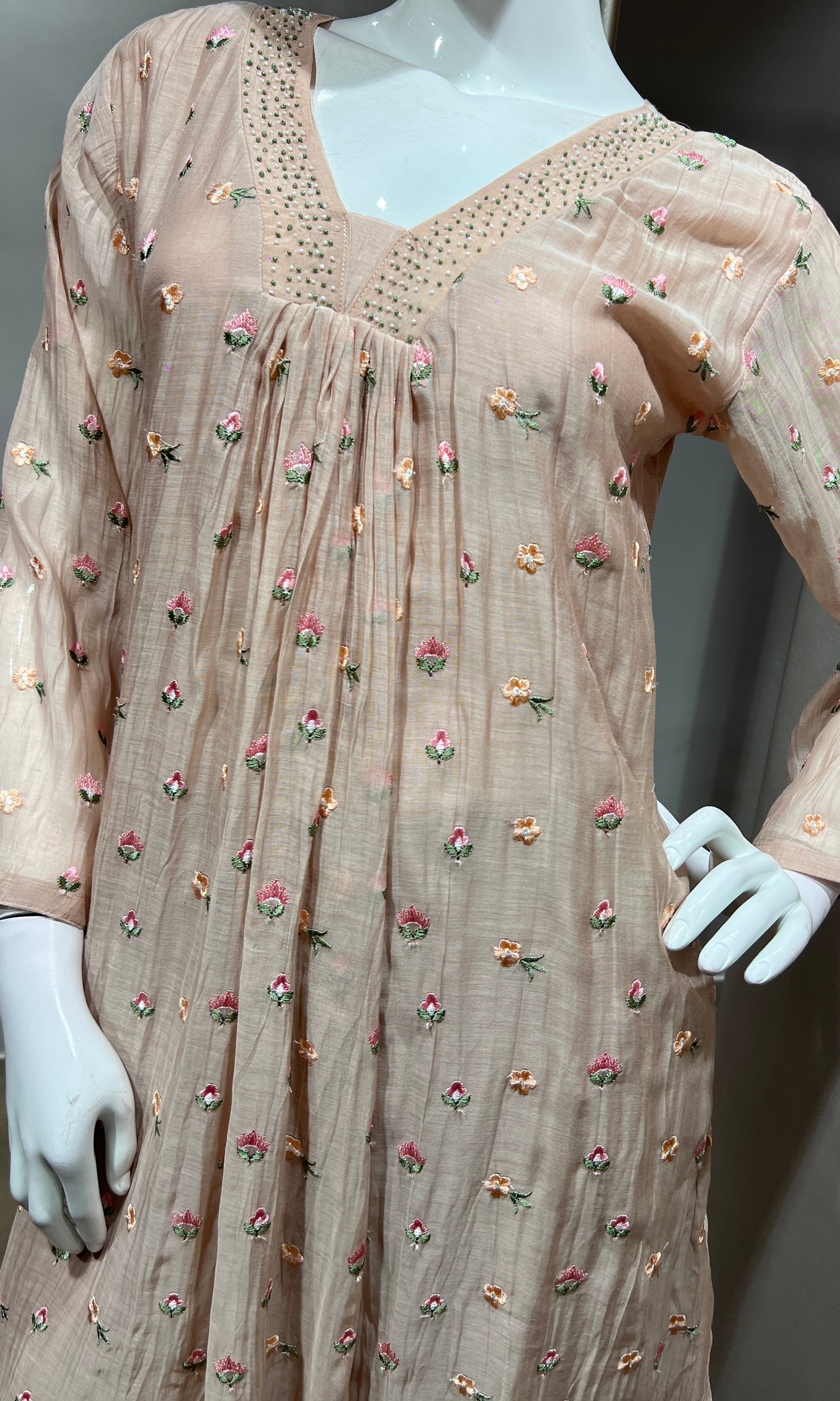 Peach Embroidered A-Line Kurta Set with Dupatta
