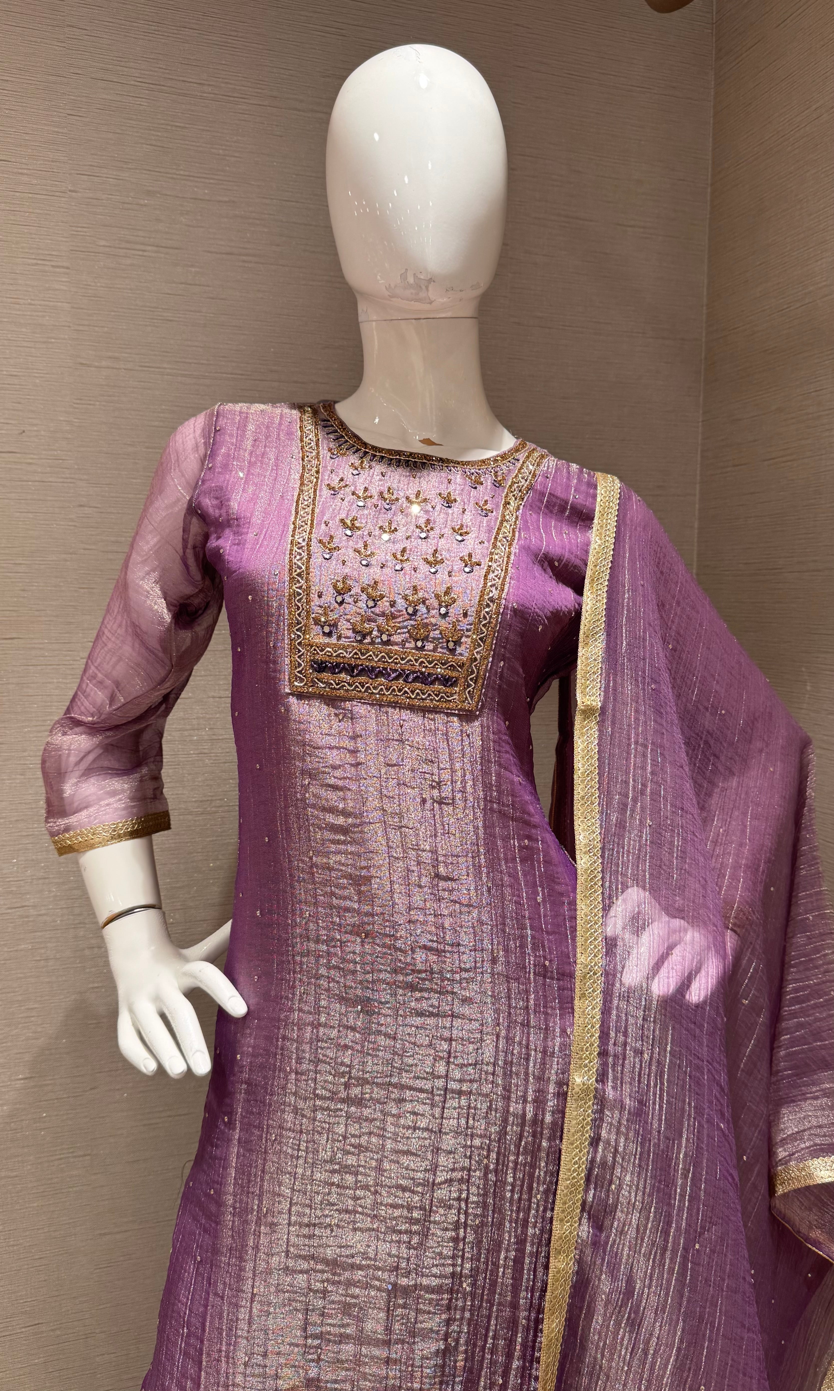 Lavender Tissue silk Salwar Kurta set with Gold Embroidery
