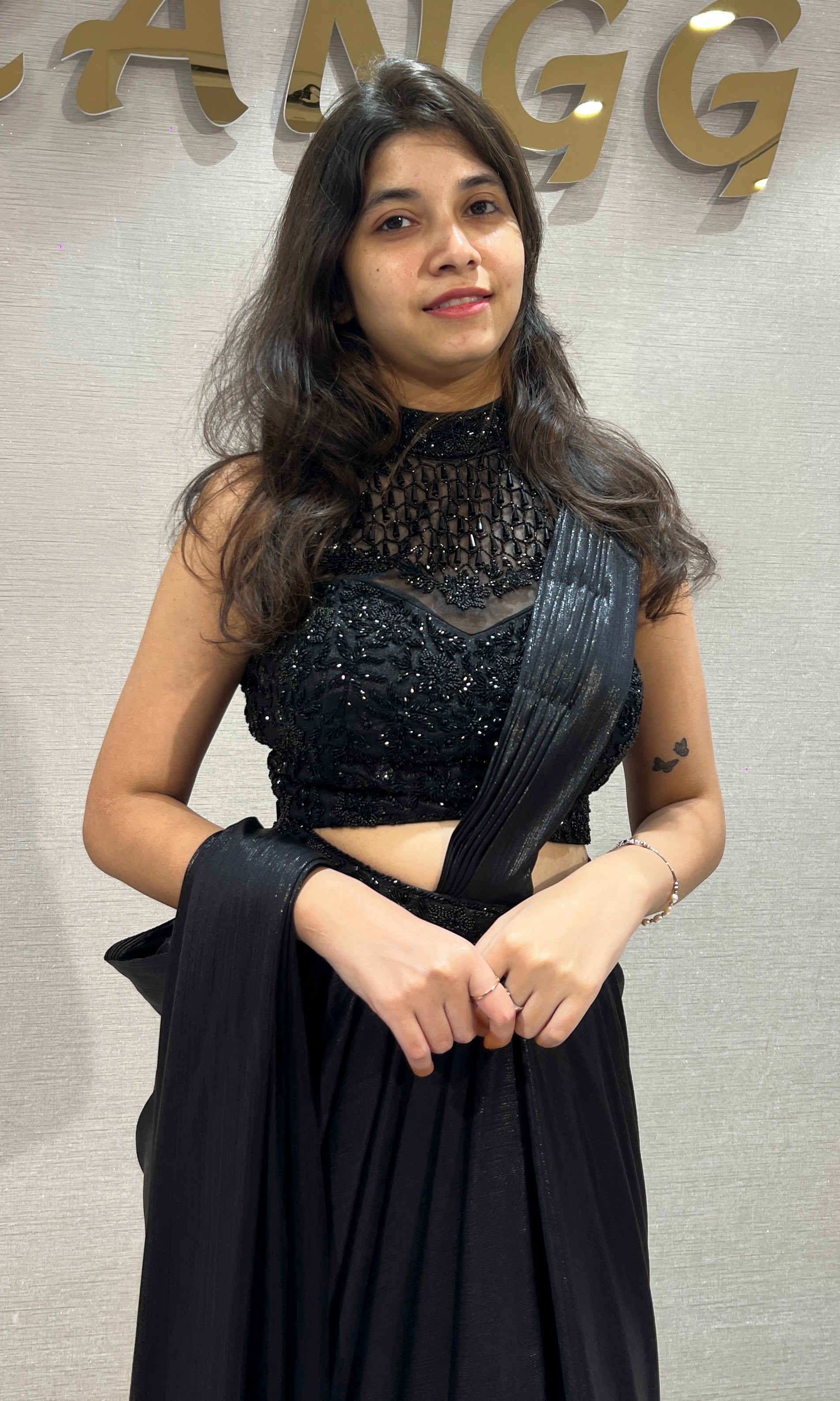 Black Drape Saree with Embellished halter blouse