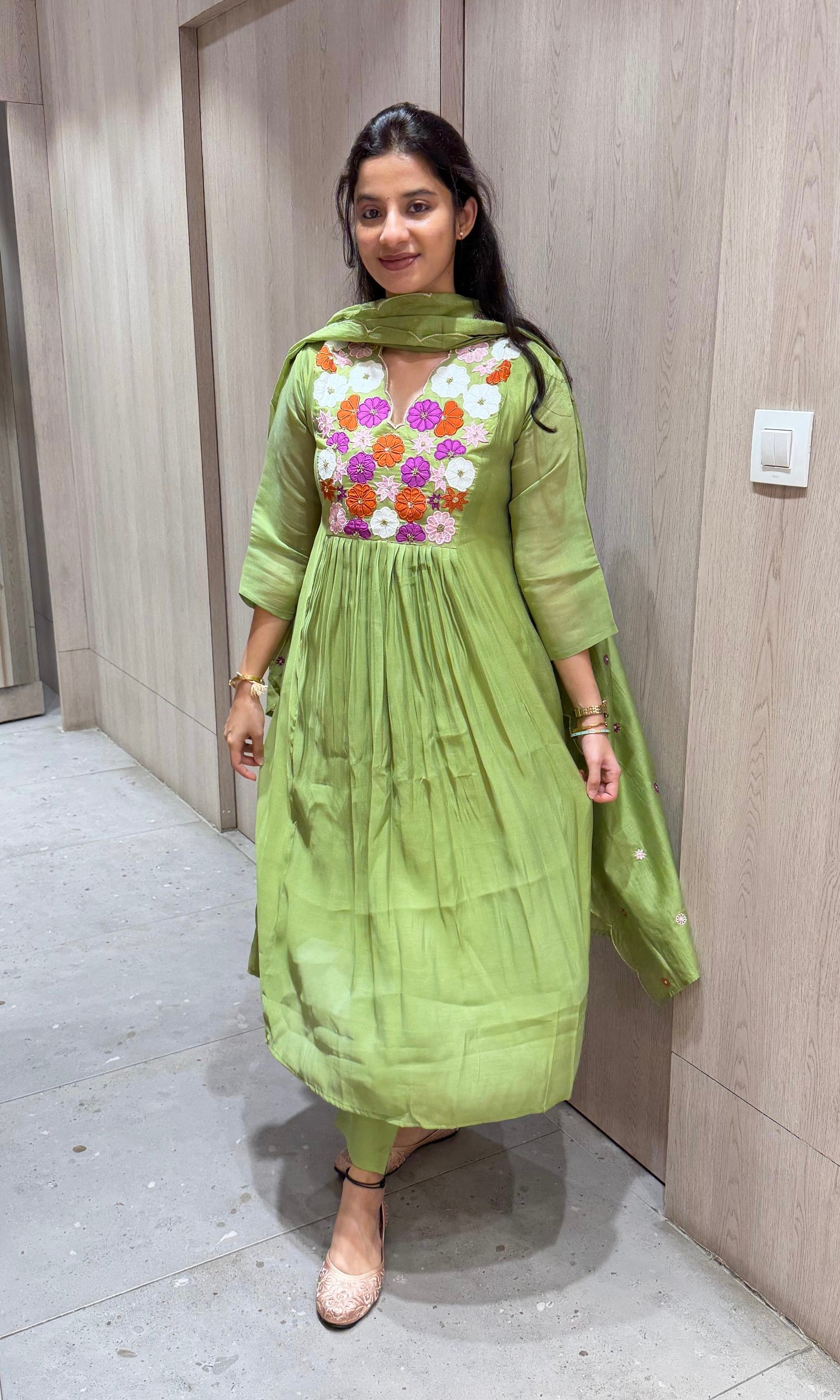 Green Floral MUL CHANDERI KURTA SET