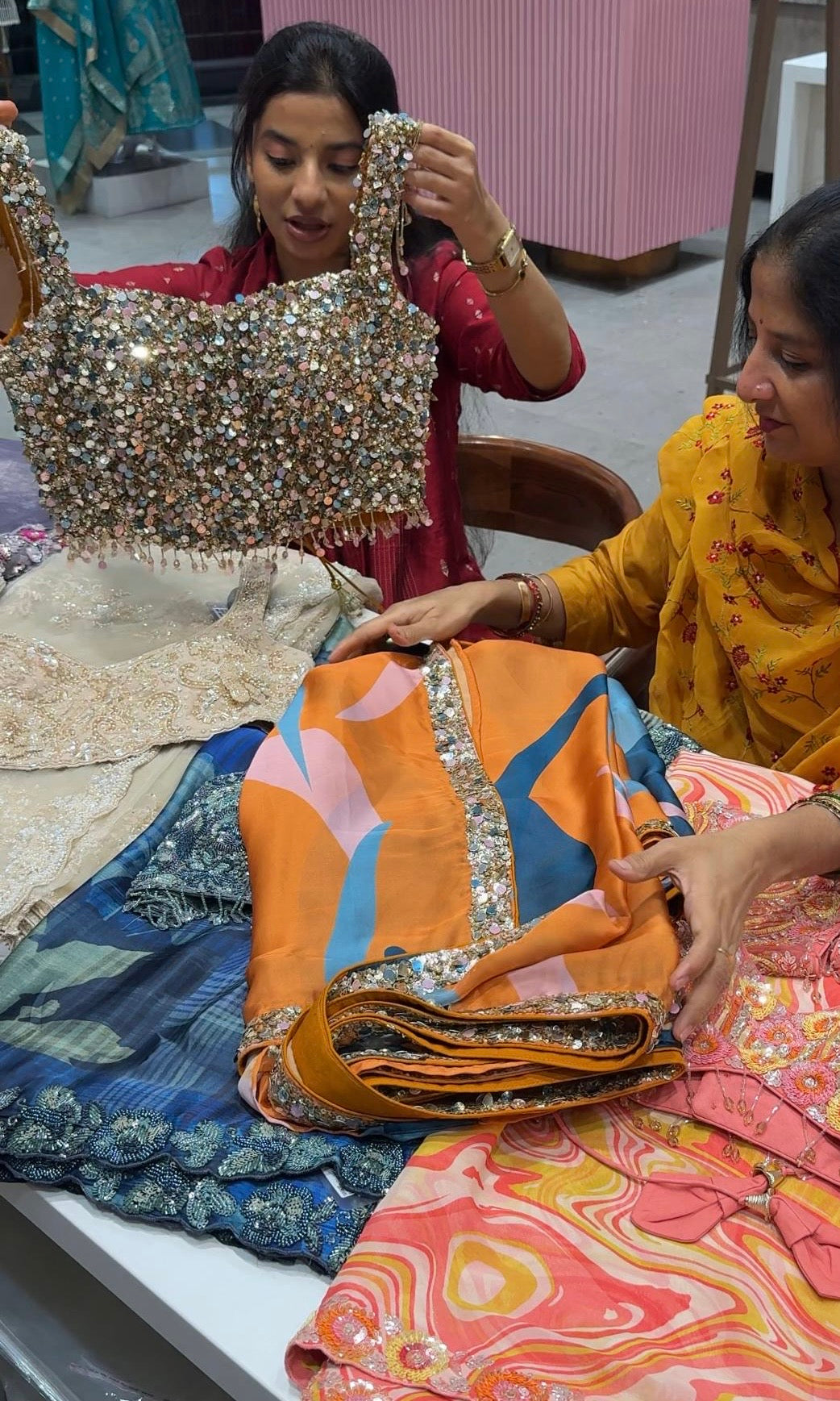 Orange digital print saree with sequin work ready blouse