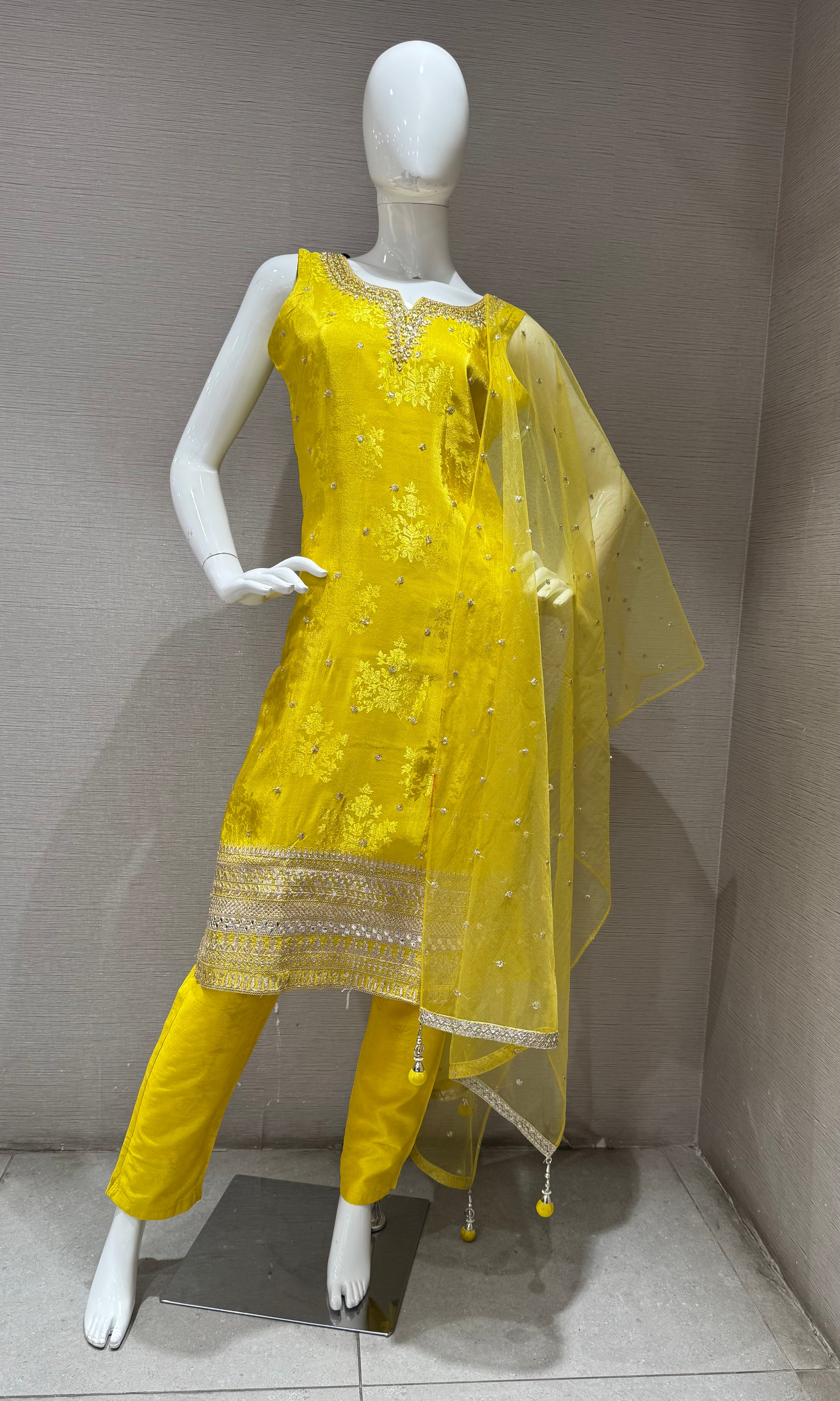 Yellow Floral Embroidery Salwar Kameez Kurta Set