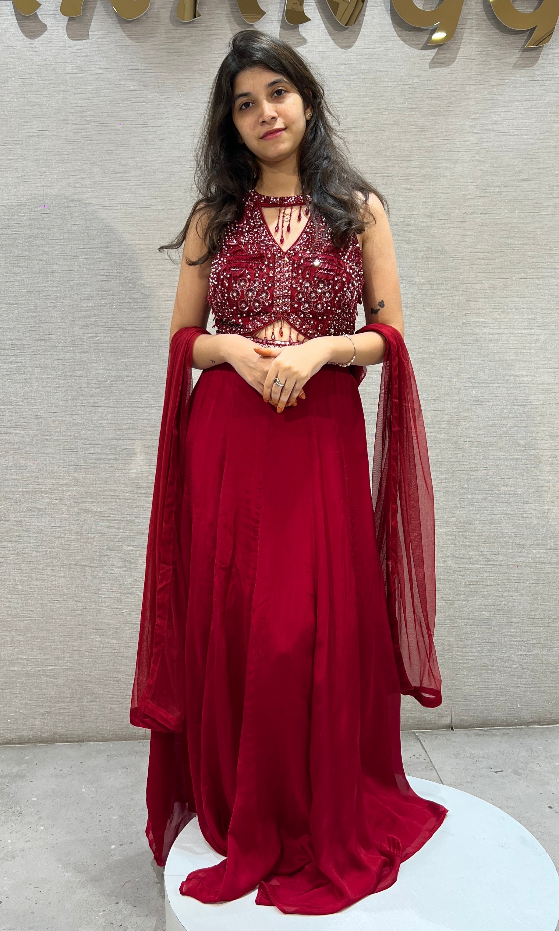 Red Halter Embellished Anarkali Frock