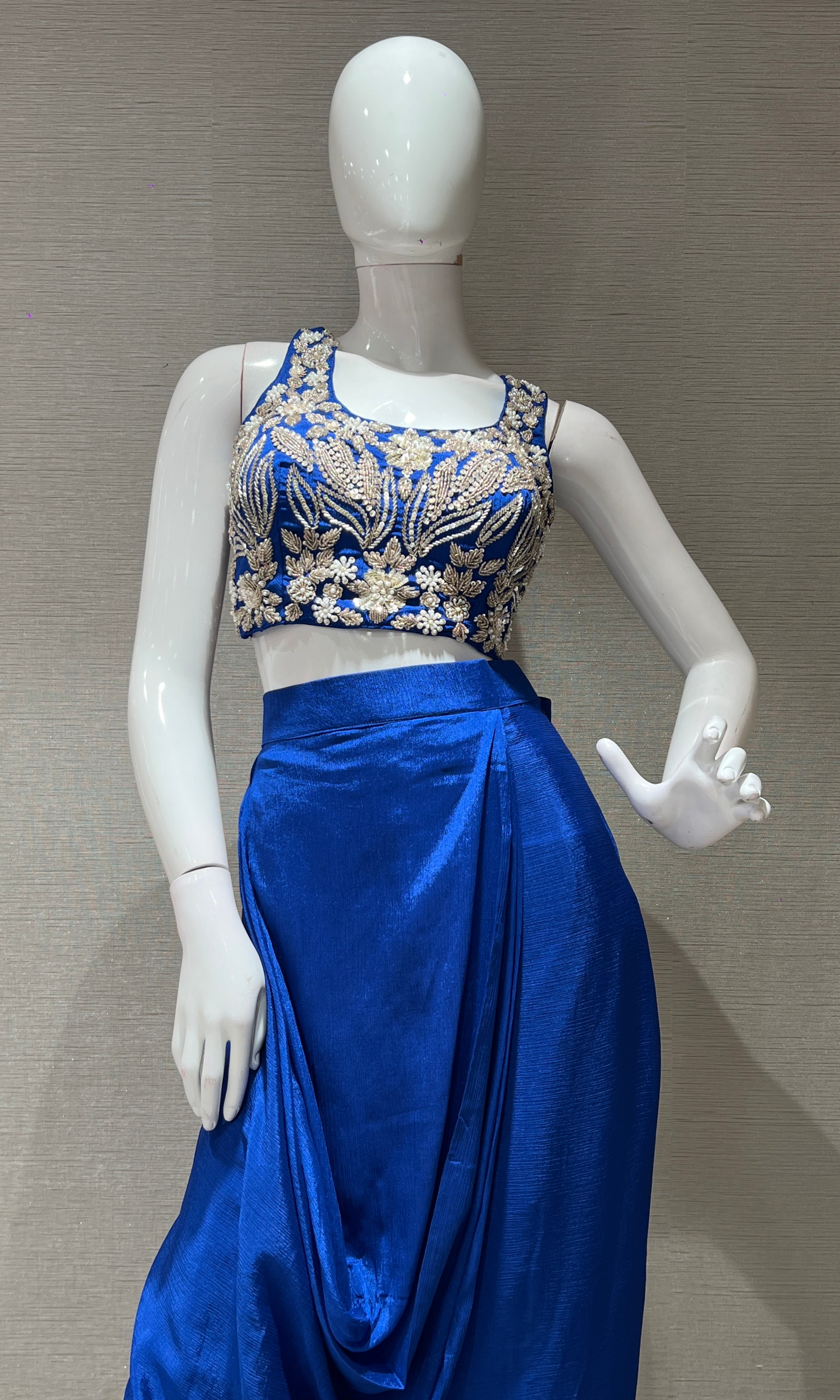 blue EMBROIDERED BLOUSE WITH draped skirt & CAPE