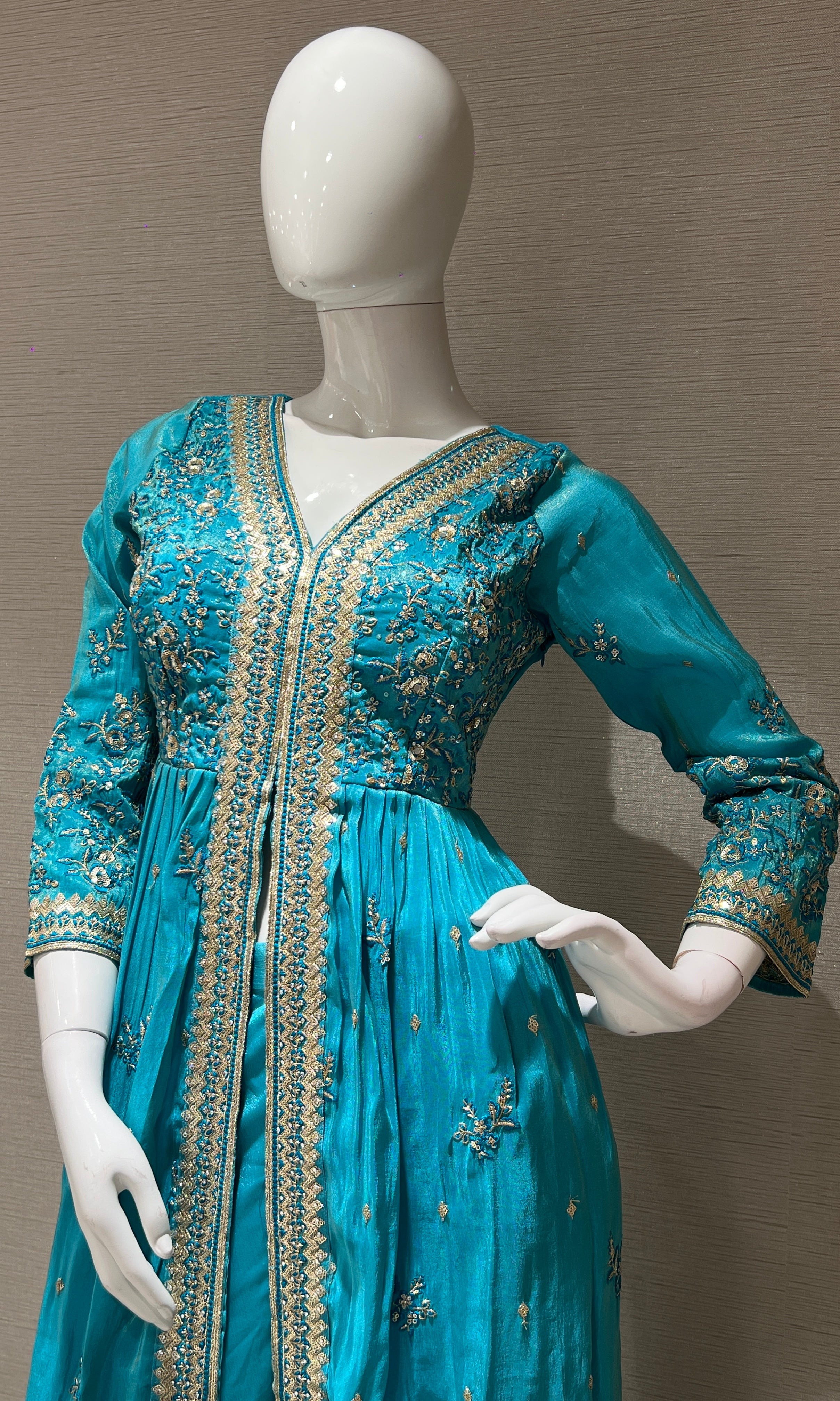 Sea Blue Front Slit Anarkali With Palazoo