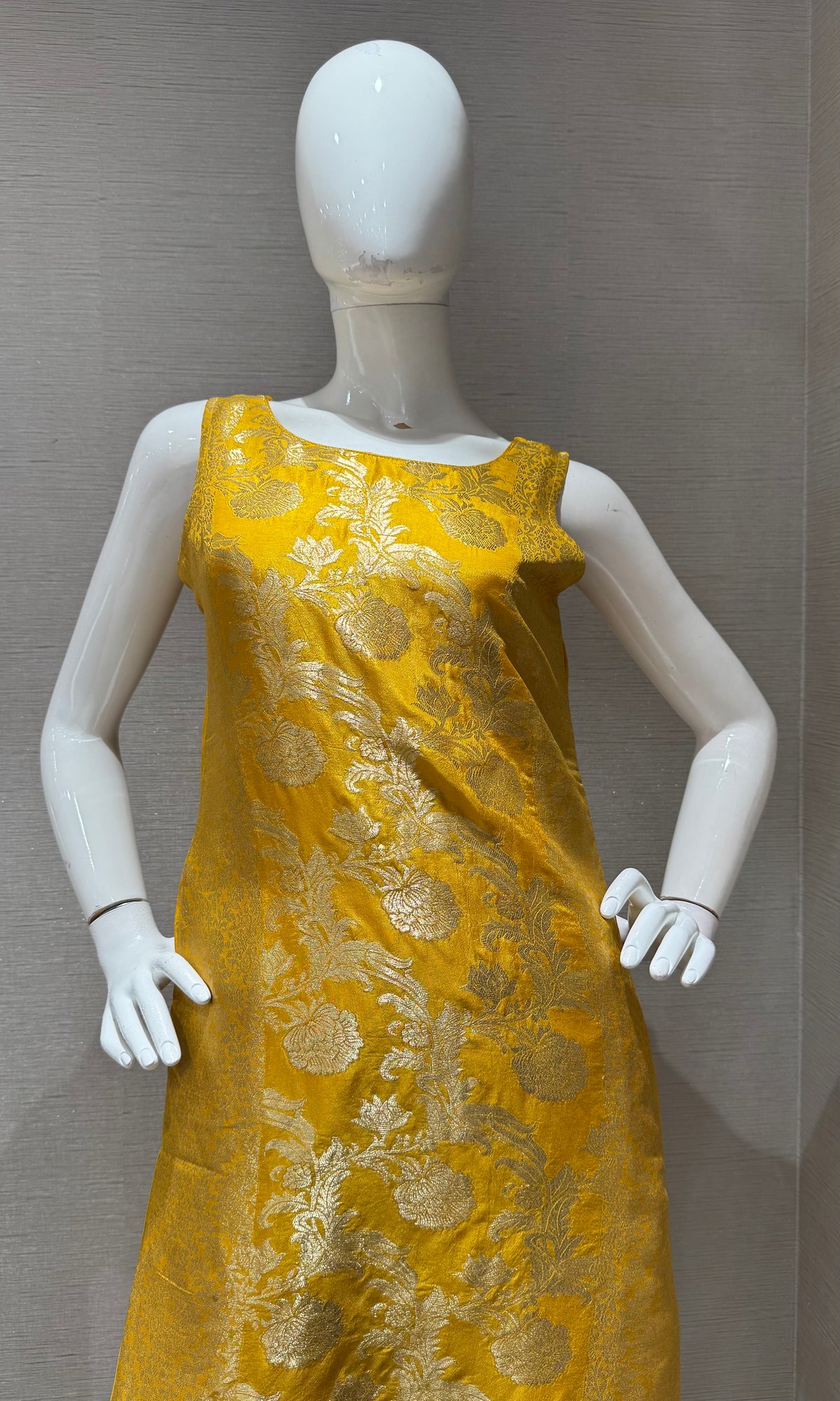 Mustard Banarasi Silk Golden Floral Zari kurta set