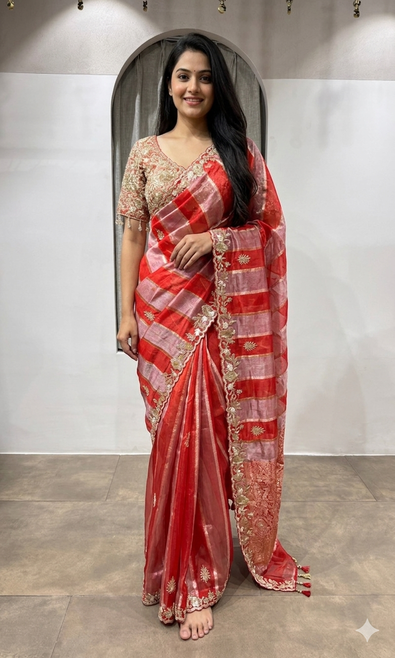 RED Embellished Silk Leheriya Saree