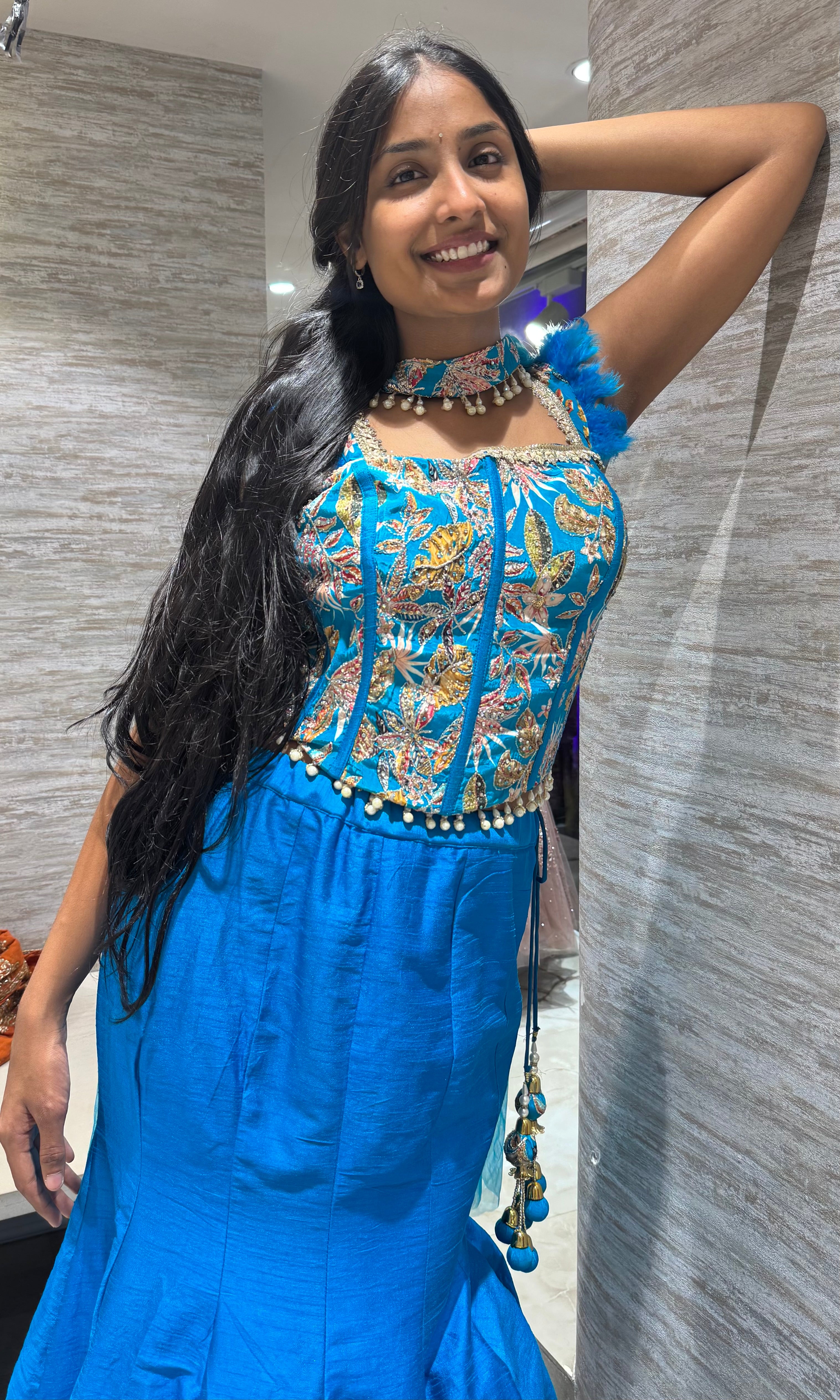 Blue embroidered corset blouse lehenga
