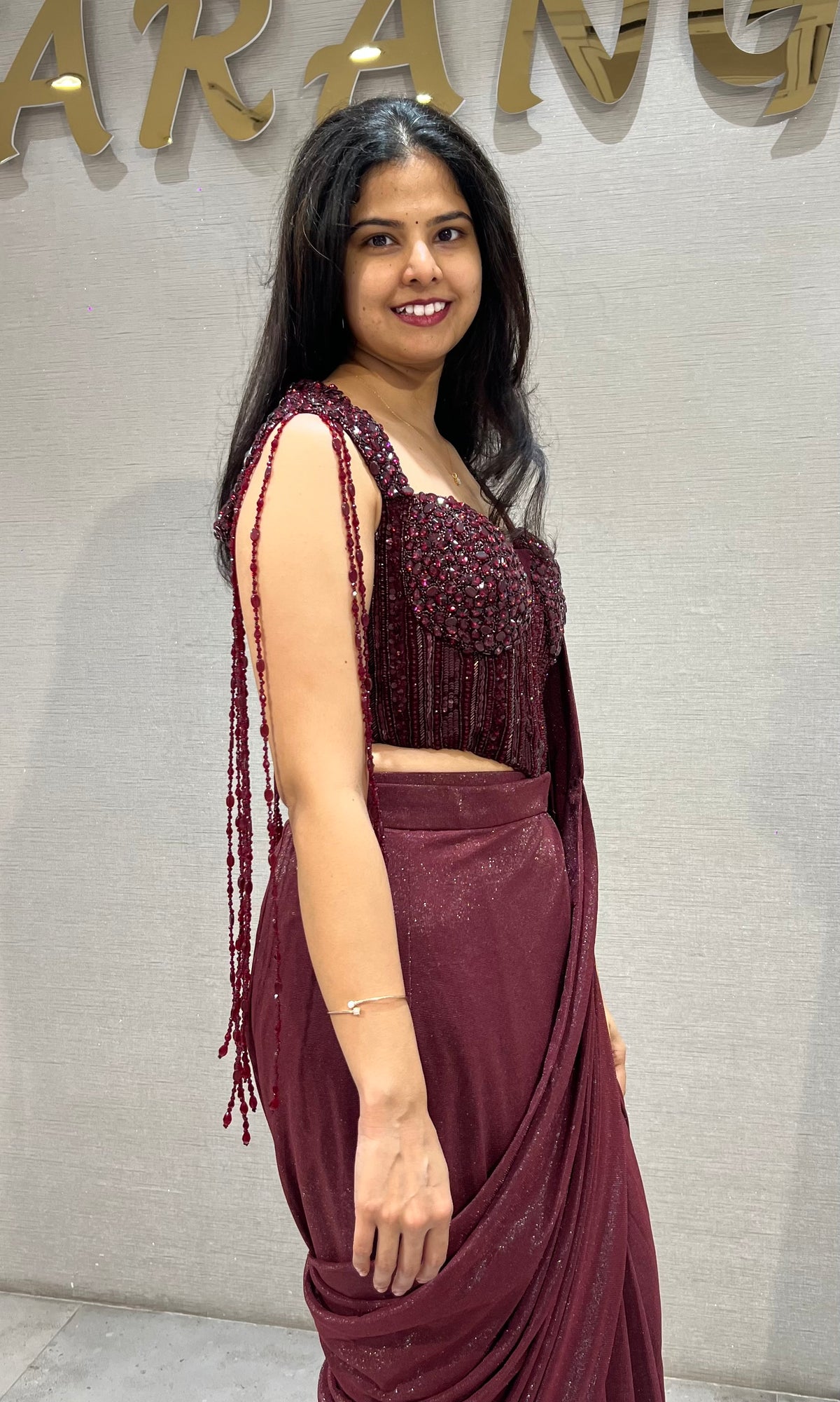 Wine Drape Saree with Embellished Blouse