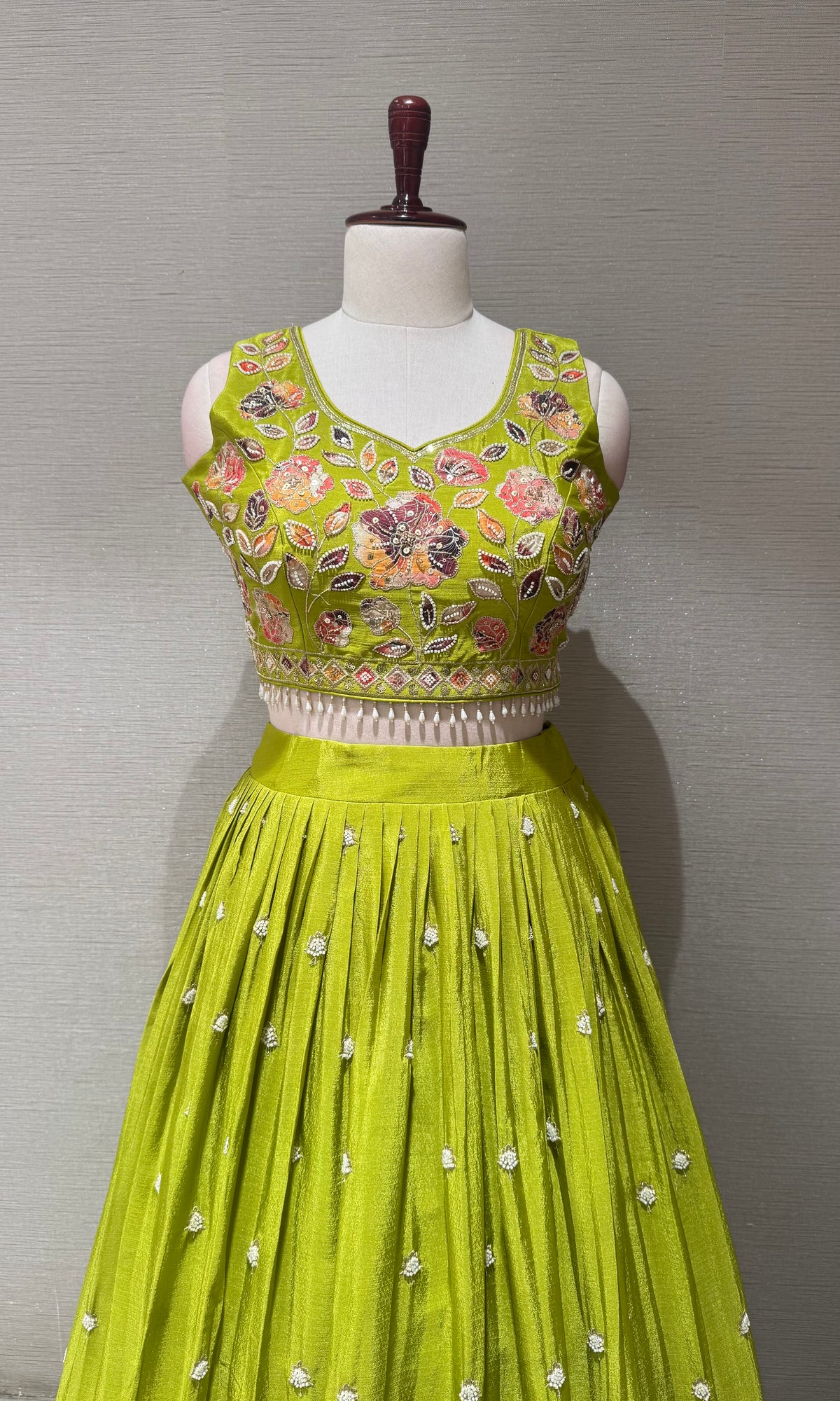 Green Tissue silk Multi Floral Crop Top Lehenga set