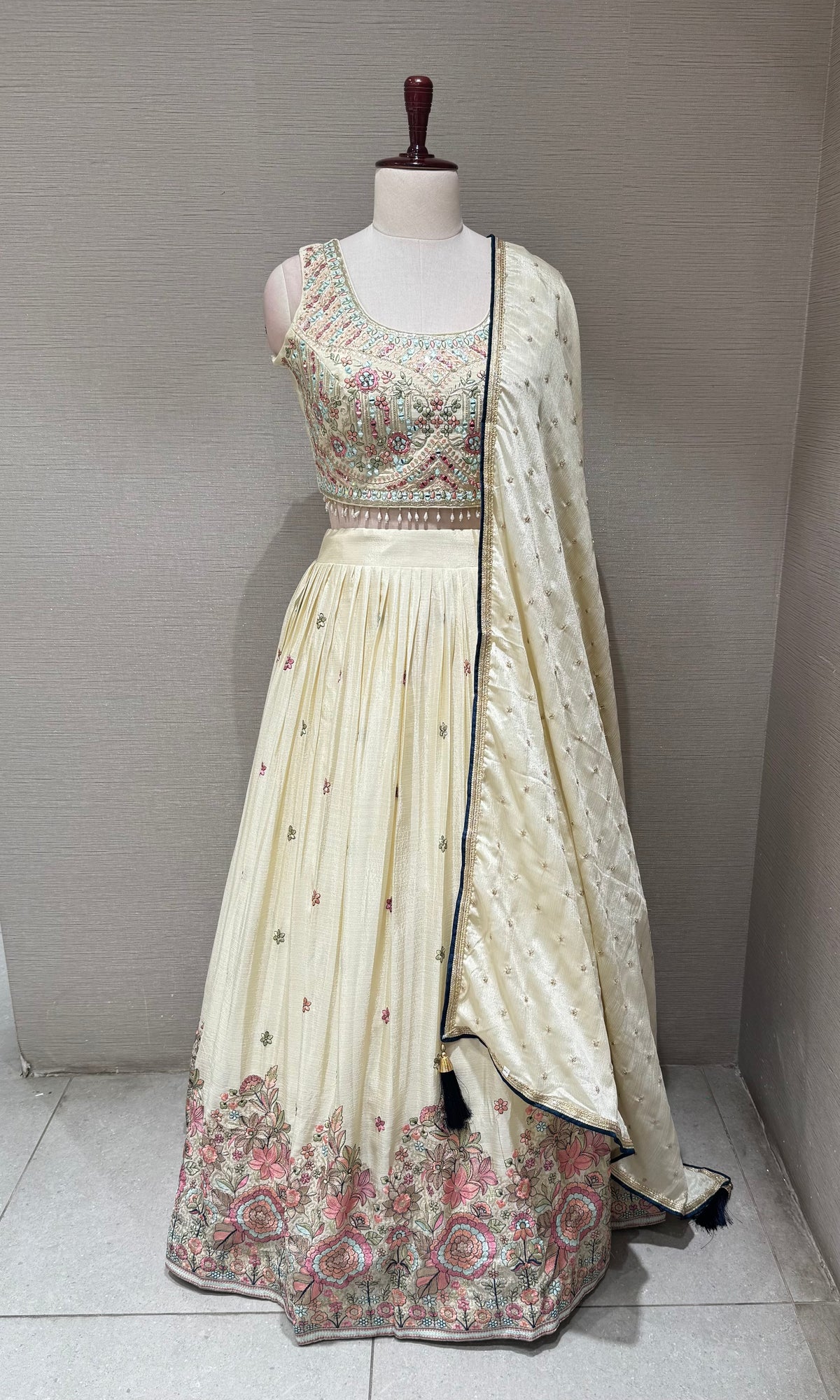 Cream tissue silk Lehenga Set with Intricate Floral Embroidery