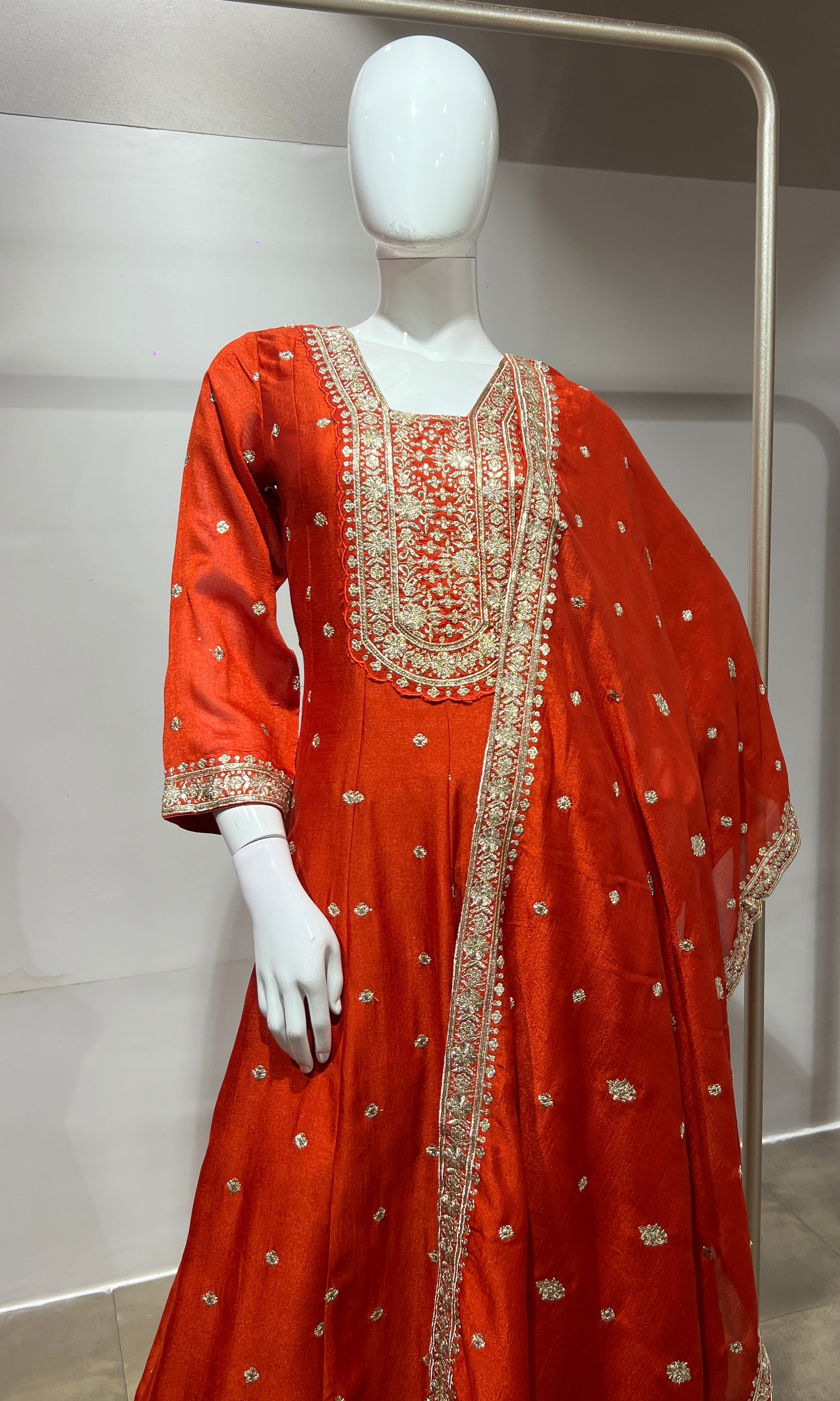 Rust gold embroidered Anarkali set