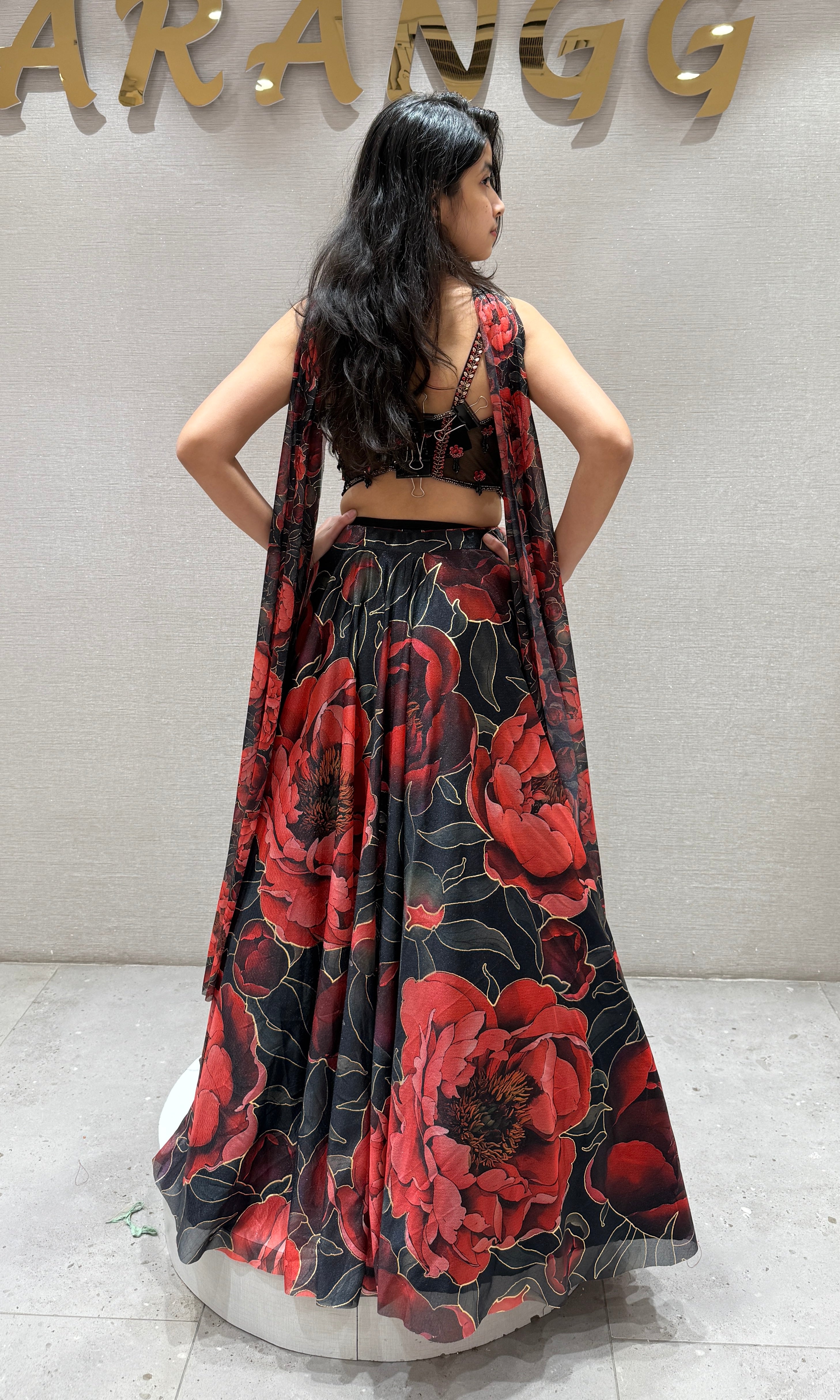 Black Red Floral Printed Lehenga Set