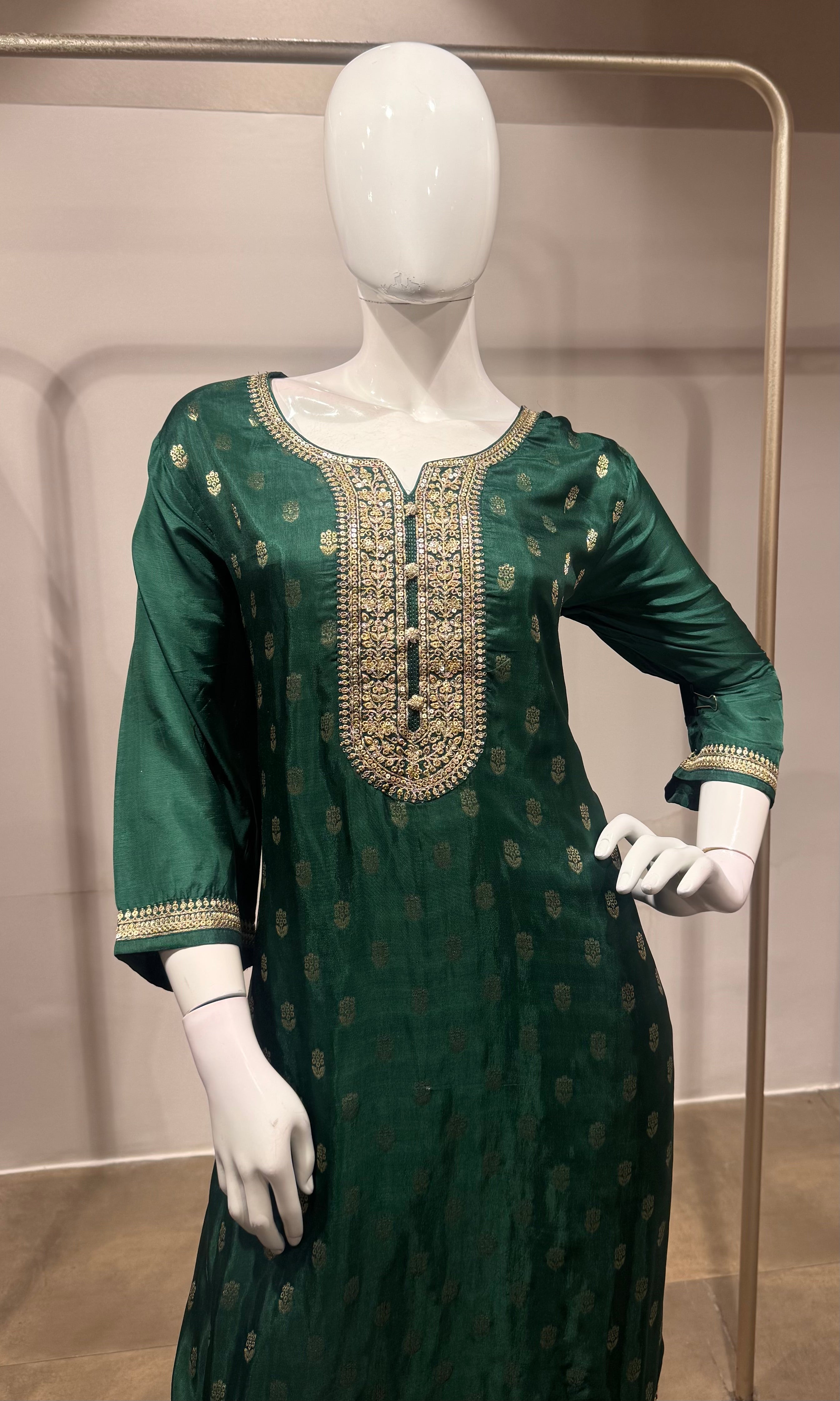 Green gold embroidered kurta set