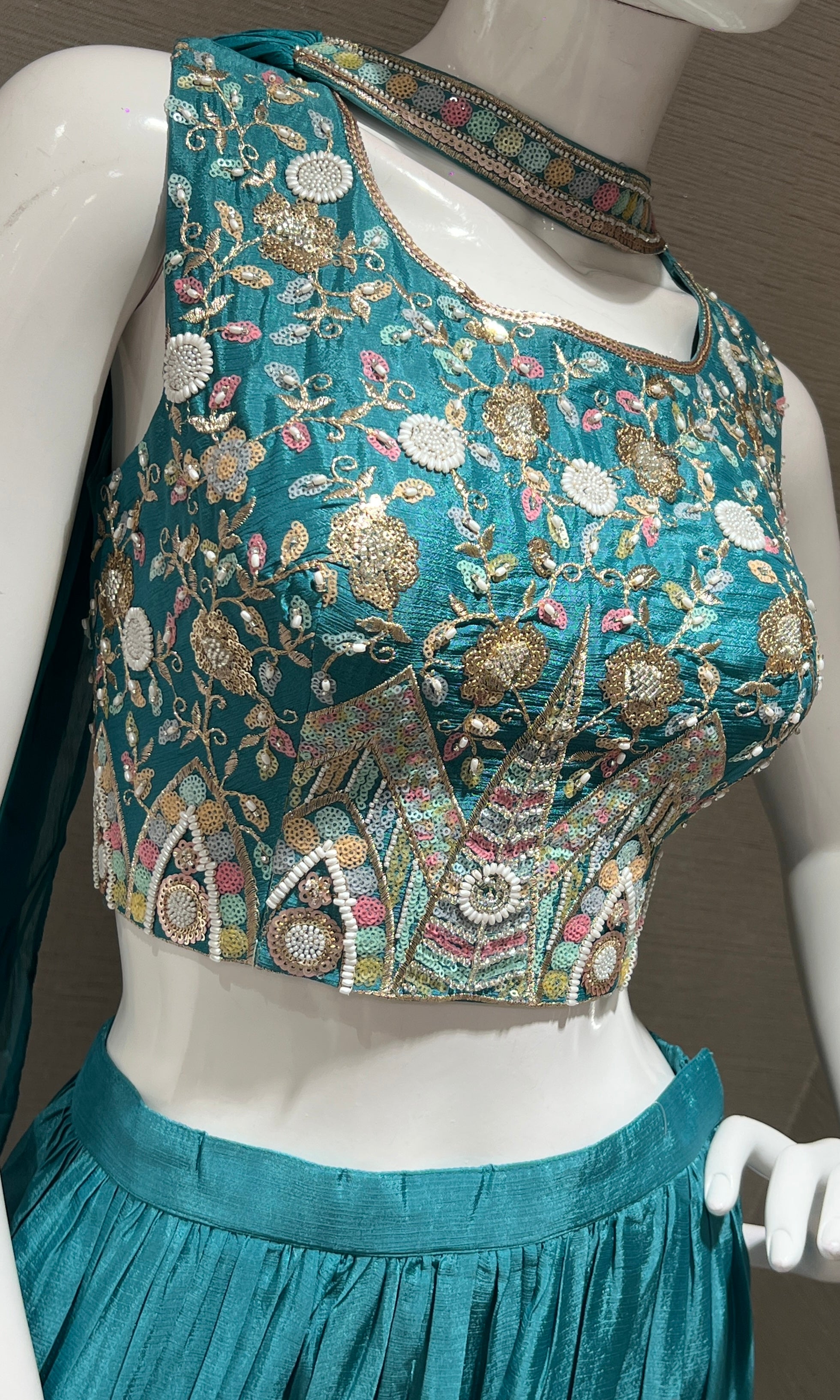 Sea Green Embroidered Crop Top Palazzo Set