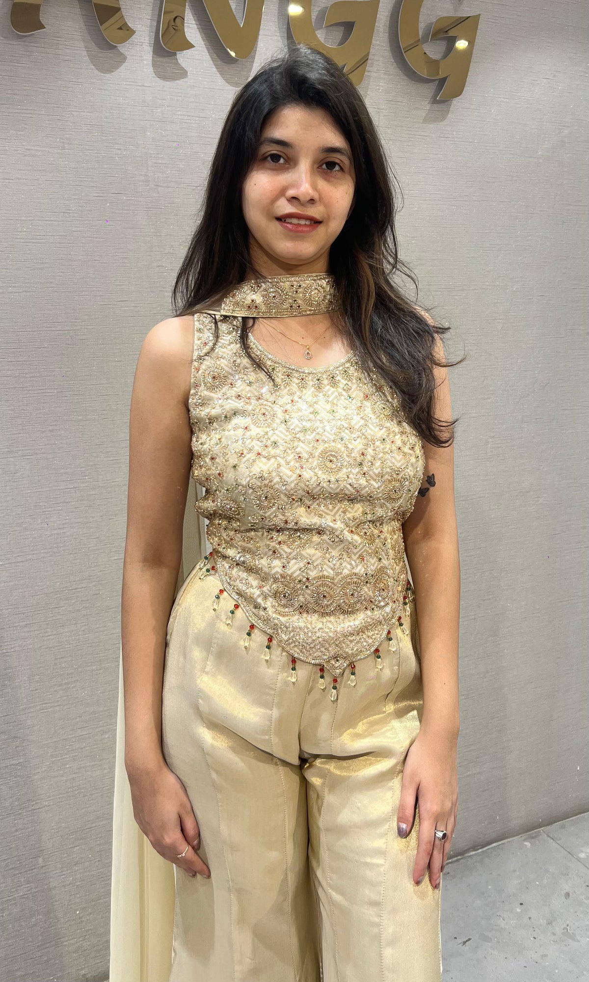 Cream Shimmer Tissue Short Blouse Palazzo Set