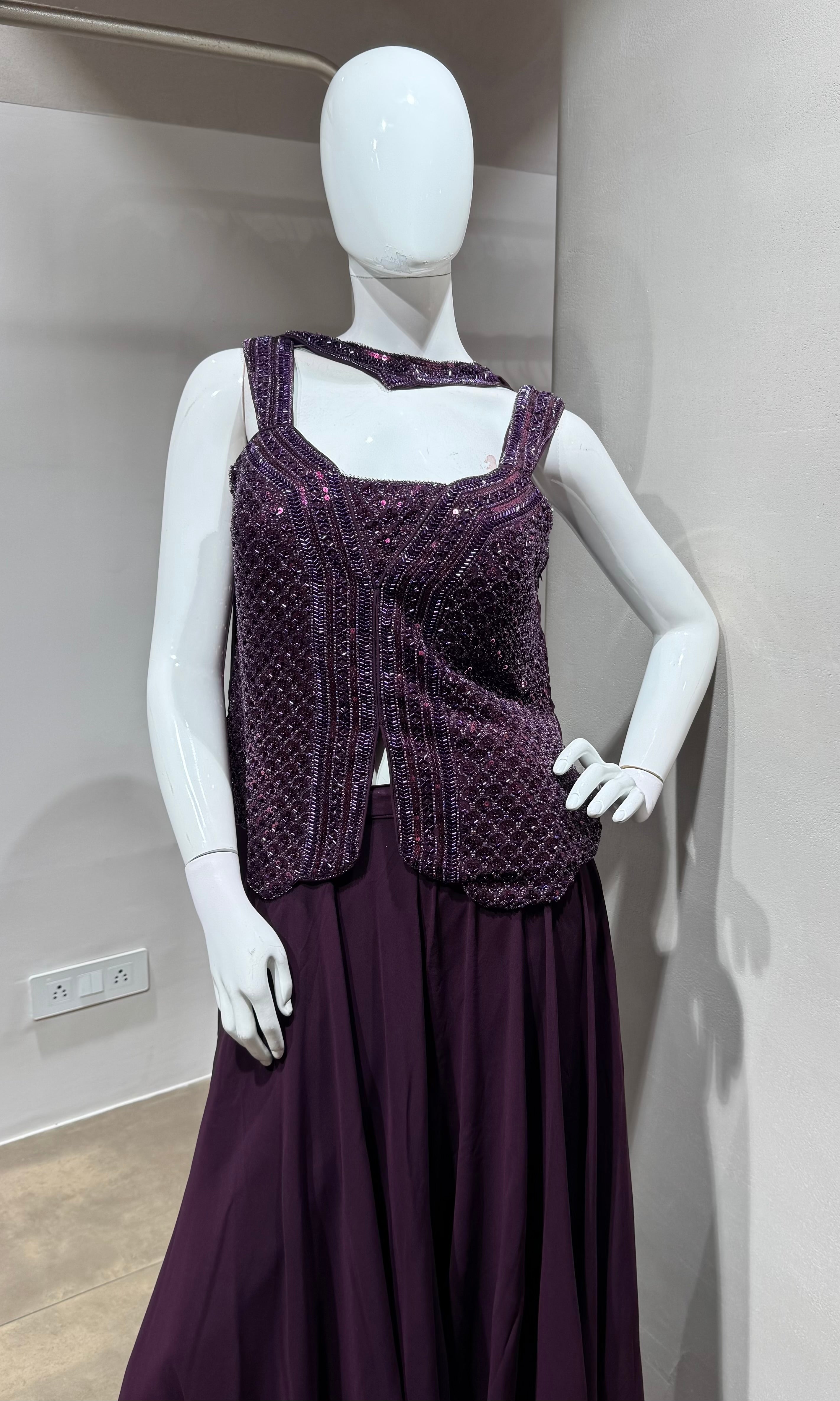Wine Purple Sequins Embroidered palazzo set