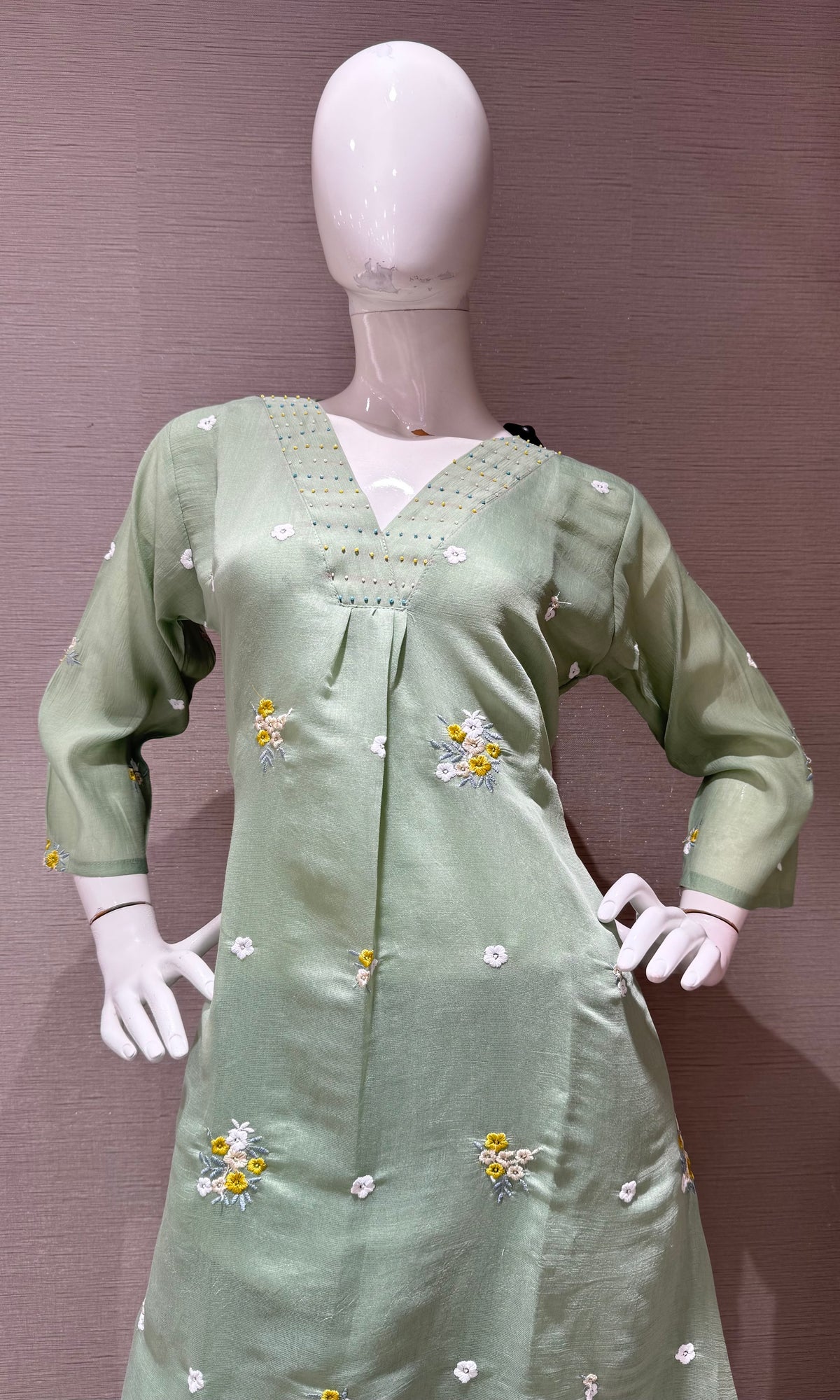 Pista Green Chanderi Kurta Set with Gold Zari Border Dupatta