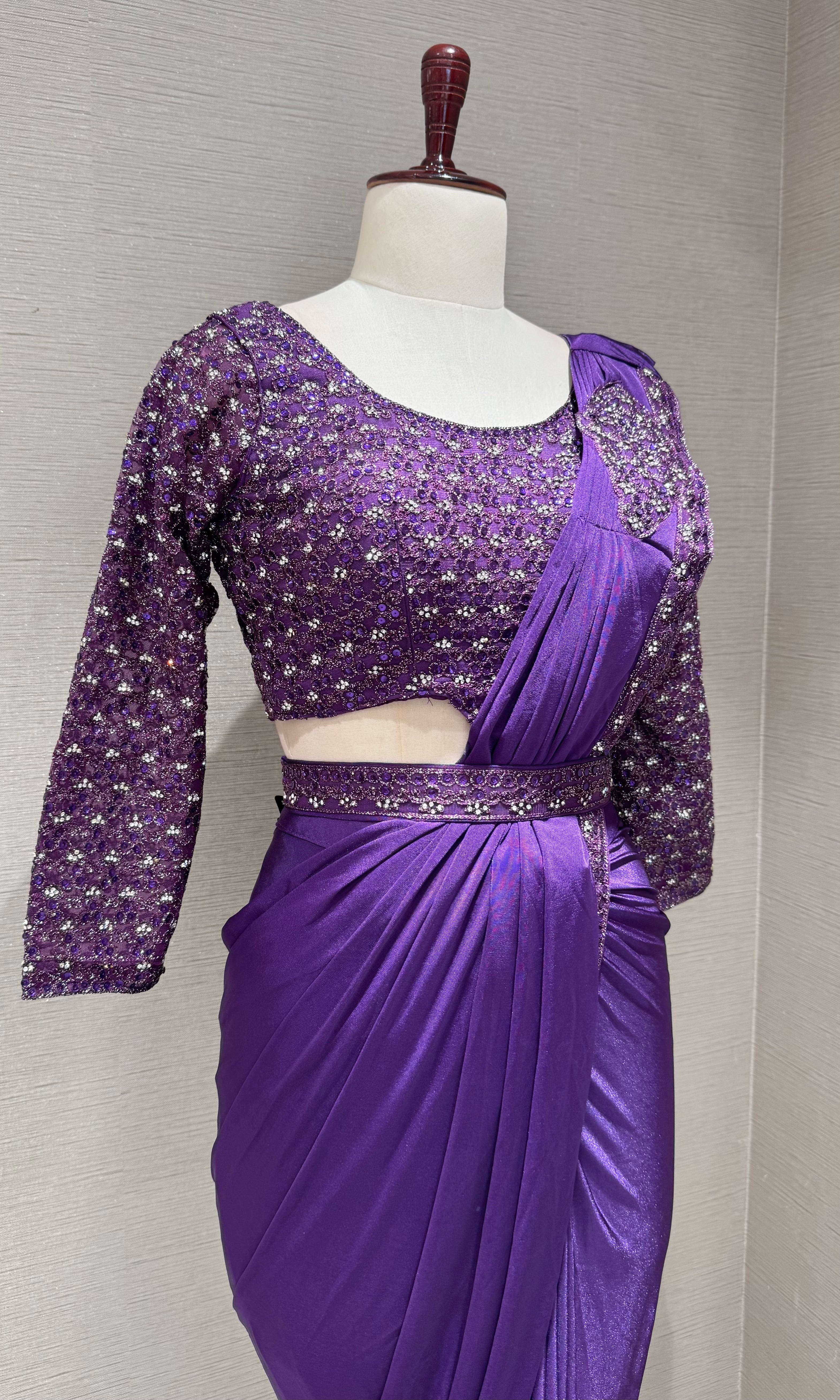 Violet Drape Saree with embellished blouse & belt