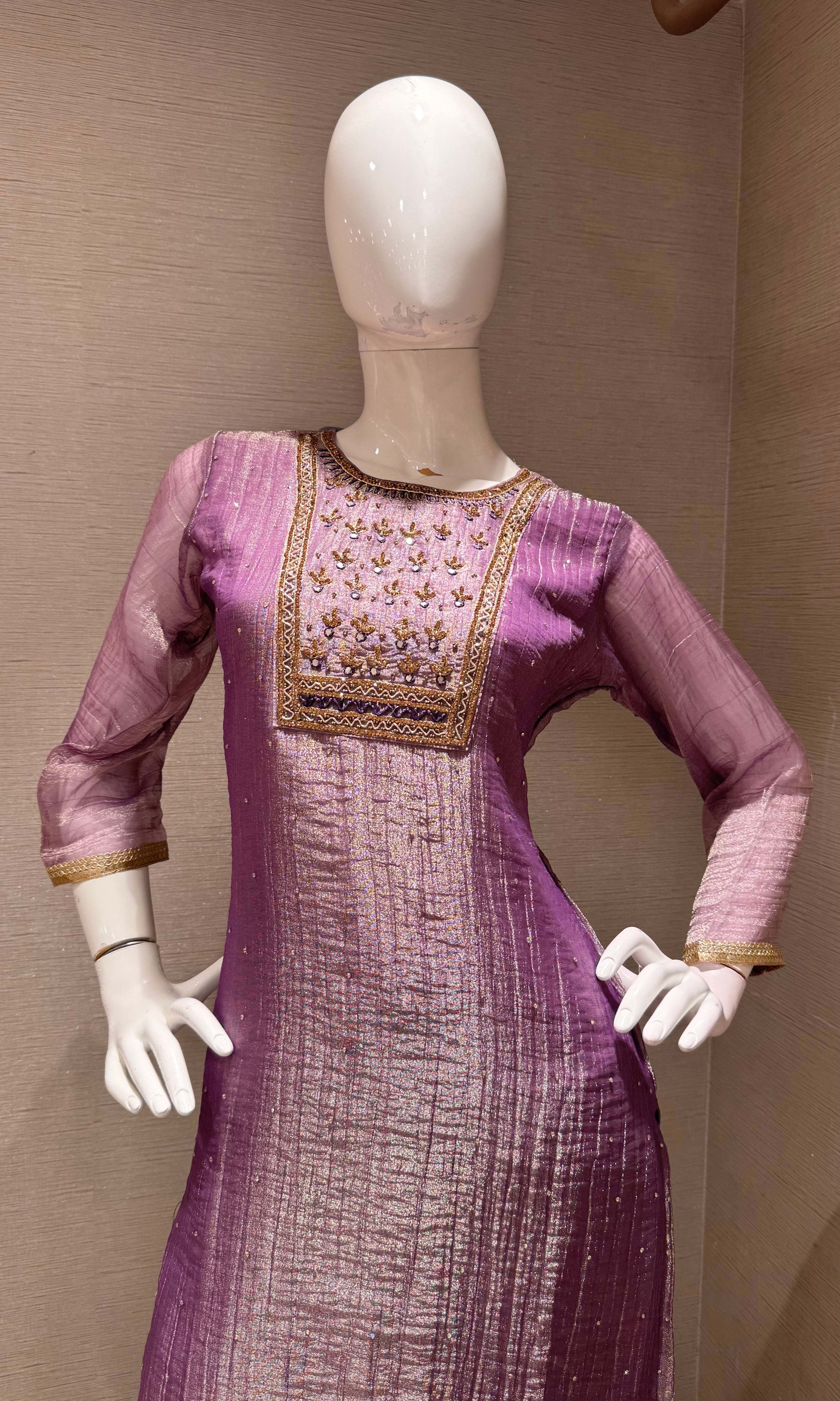 Lavender Tissue silk Salwar Kurta set with Gold Embroidery