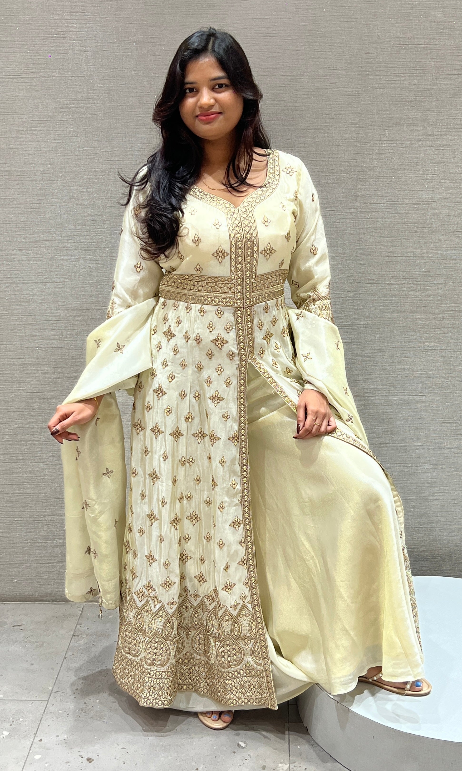 Cream and Gold Anarkali Long Gown