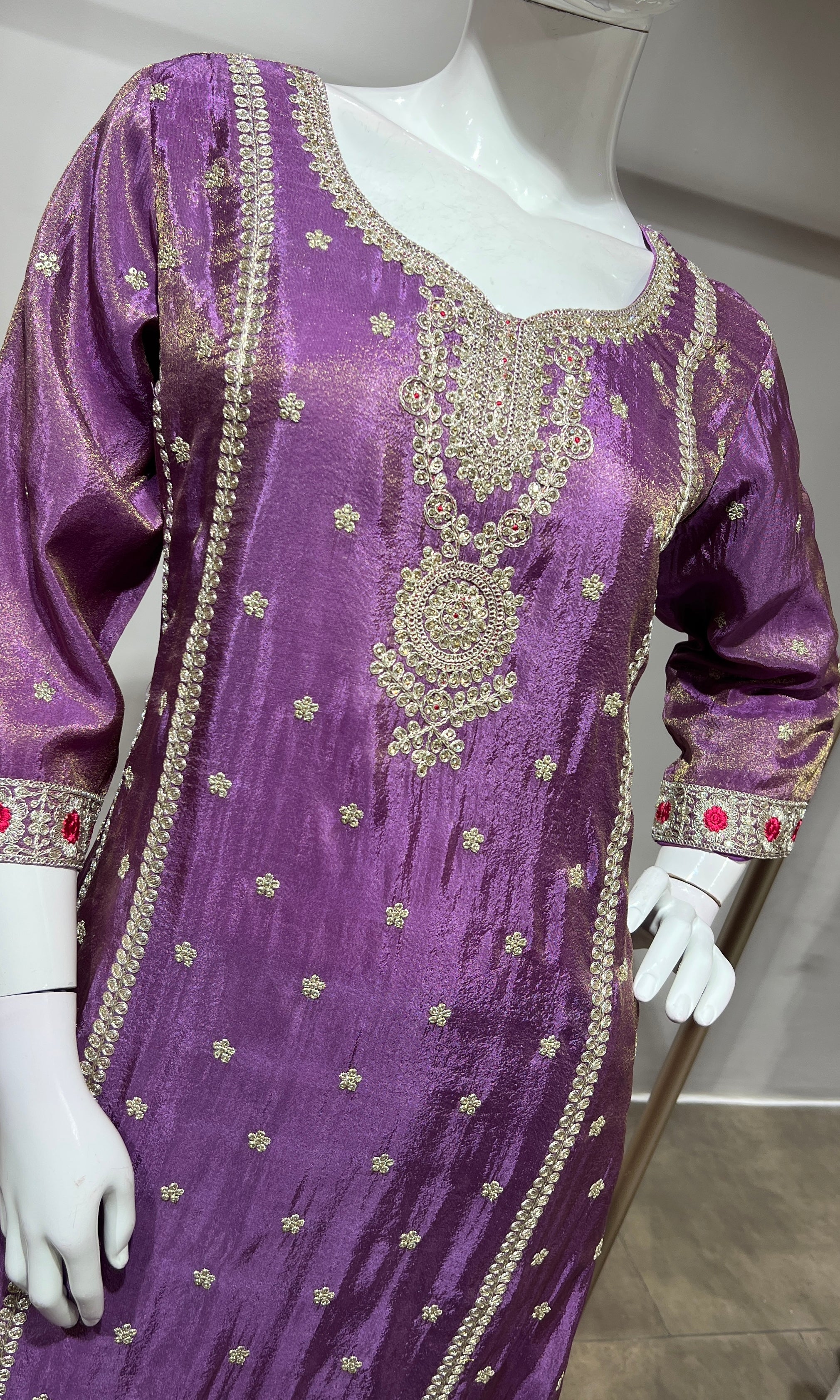Lilac Silk Embroidered Kurta Suit with Dupatta
