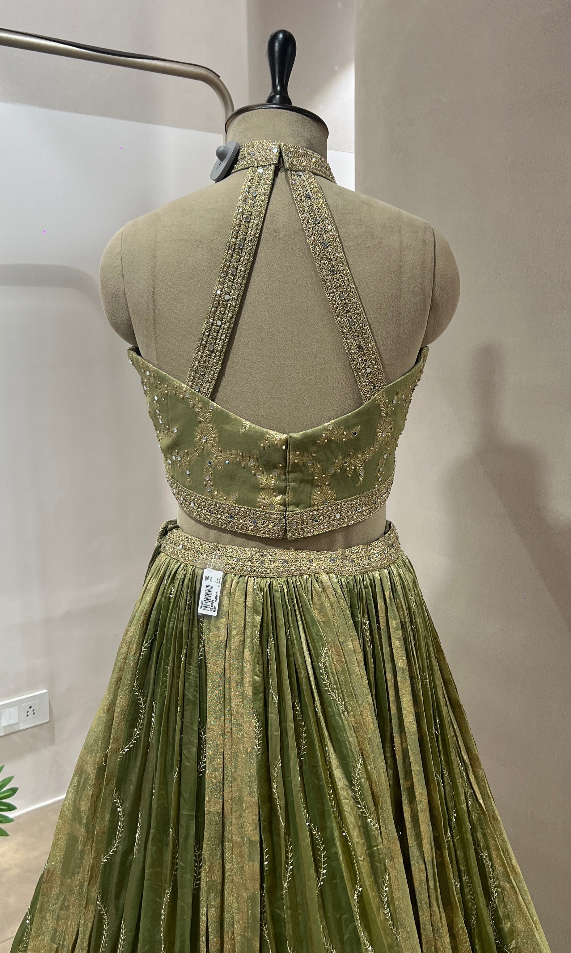 Green GOLDEN LEHENGA WITH HALTER NECK BLOUSE