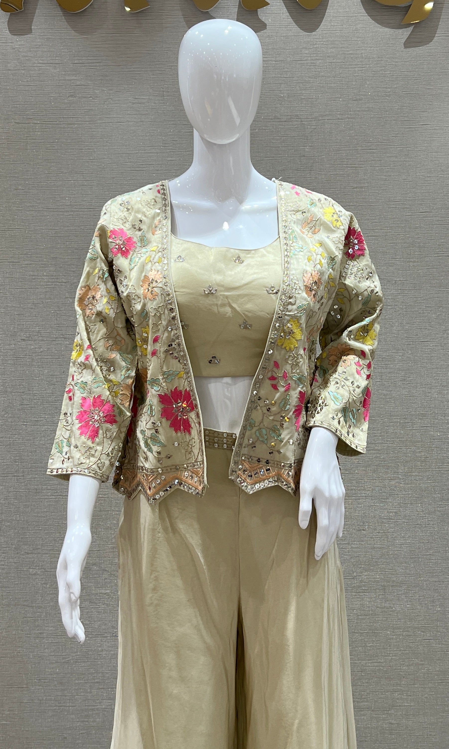 Cream Pallazo set with jacket