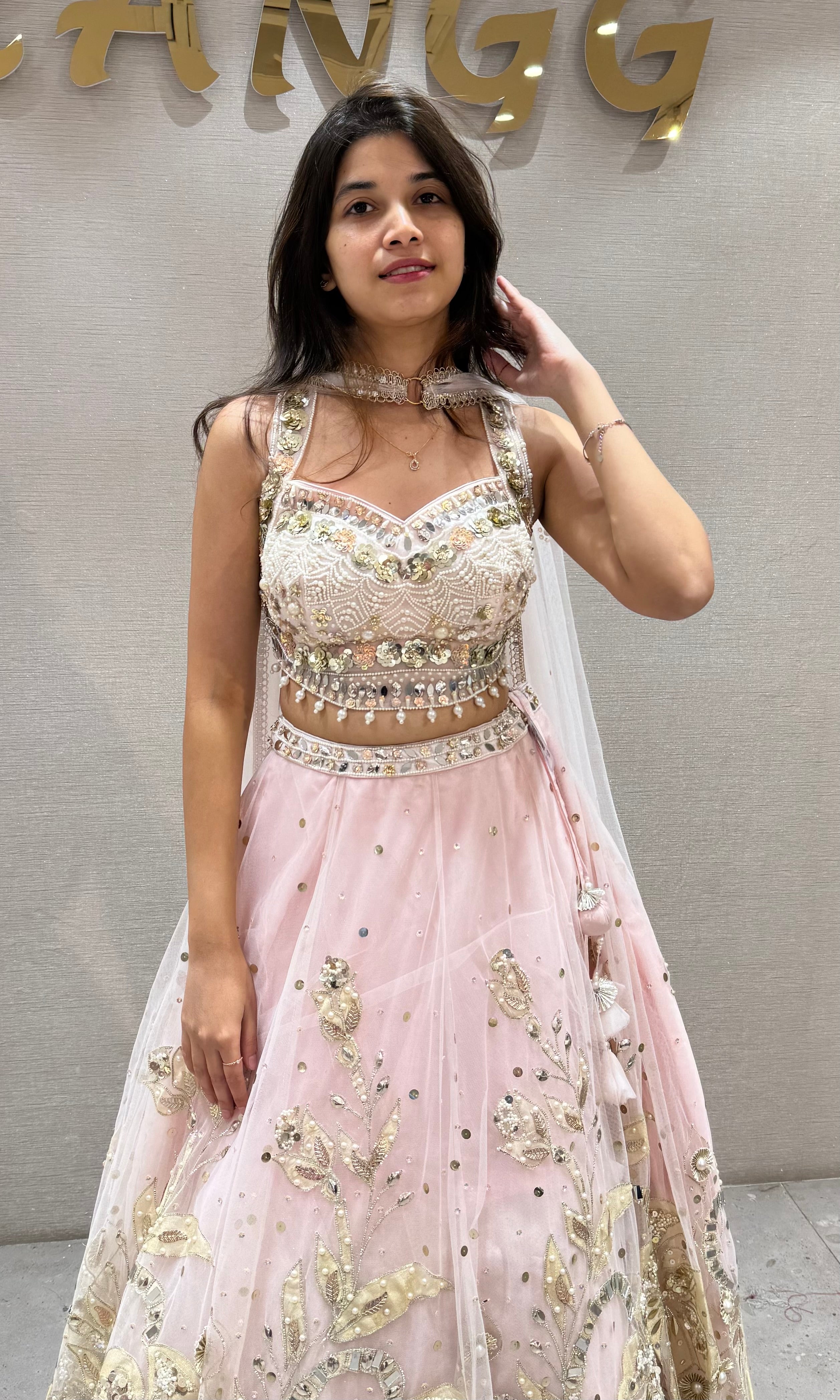 Pastel Pink Net Embroidered Bridal Lehenga